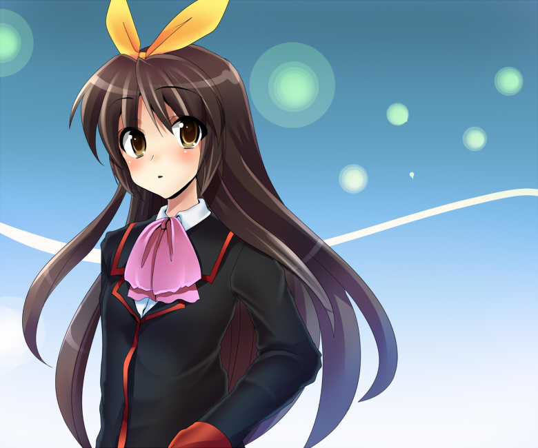 masayu, naoe riki, little busters!, bad id, bad pixiv id, gender request, 1boy, blush, bow, brown hair, crossdressing, crossdressing (mtf), genderswap, long hair, male focus, ribbon, school uniform, serafuku, skirt, solo, trap