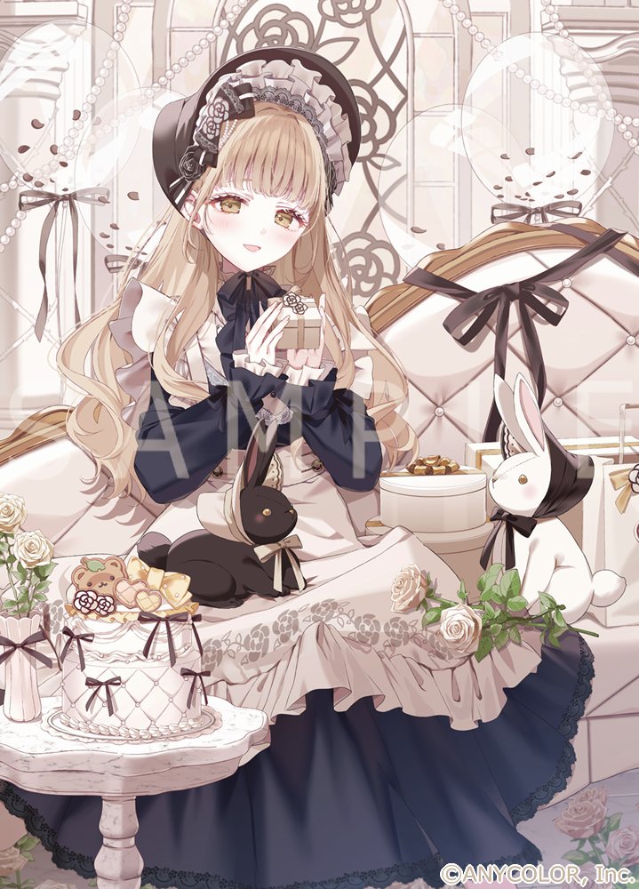 misumi (macaroni), sister claire, sister claire (11th costume), nijisanji, commentary request, official art, 1girl, balloon, black bonnet, black dress, blonde hair, blush, bonnet, bow, box, brown eyes, cake, company name, copyright notice, dress, flower, food, frilled bonnet, frills, heart, holding, holding box, long hair, long sleeves, official alternate costume, official alternate hairstyle, rabbit, rose, sample watermark, sleeves past wrists, smile, solo, table, virtual youtuber, watermark, white flower, yellow bow