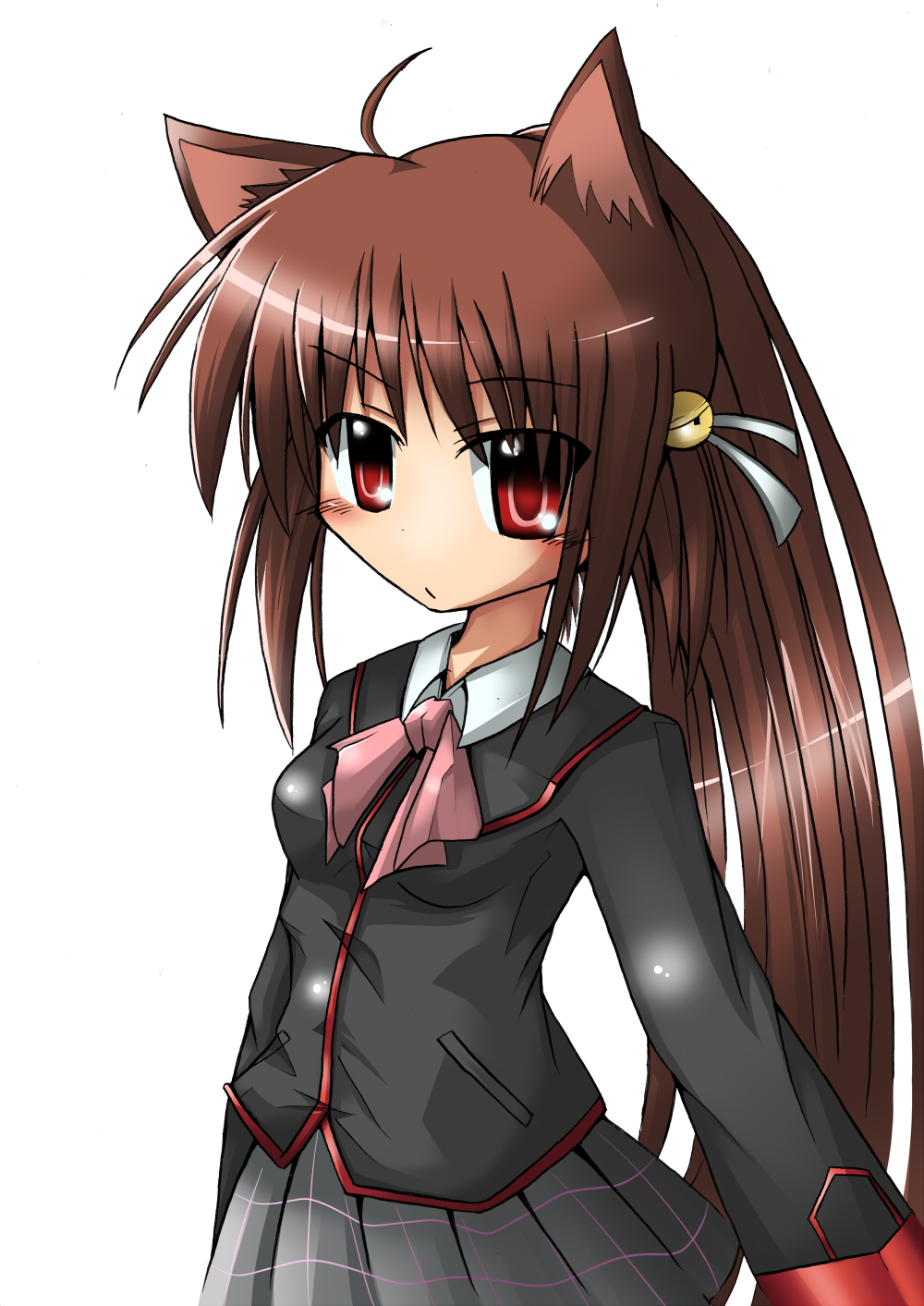 bibi02, natsume rin, little busters!, highres, 1girl, animal ears, bell, blush, bow, brown hair, cat ears, female focus, long hair, pink bow, plaid clothes, plaid skirt, ponytail, red eyes, ribbon, school uniform, serafuku, skirt, solo