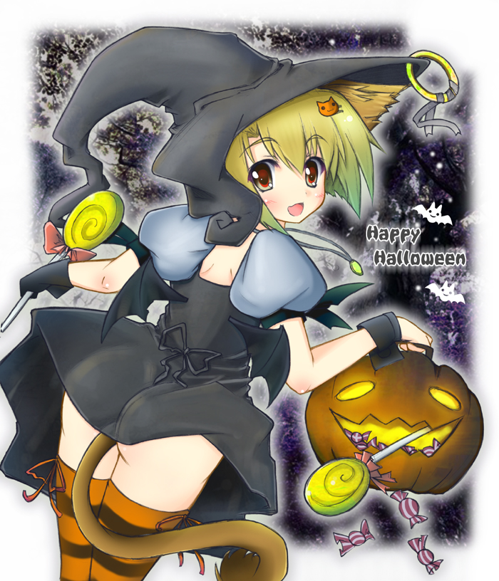 ooji cha, original, 1girl, candy, female focus, food, halloween, happy halloween, hat, jack-o'-lantern, lollipop, pumpkin, solo, striped clothes, striped thighhighs, swirl lollipop, tail, thighhighs, witch hat