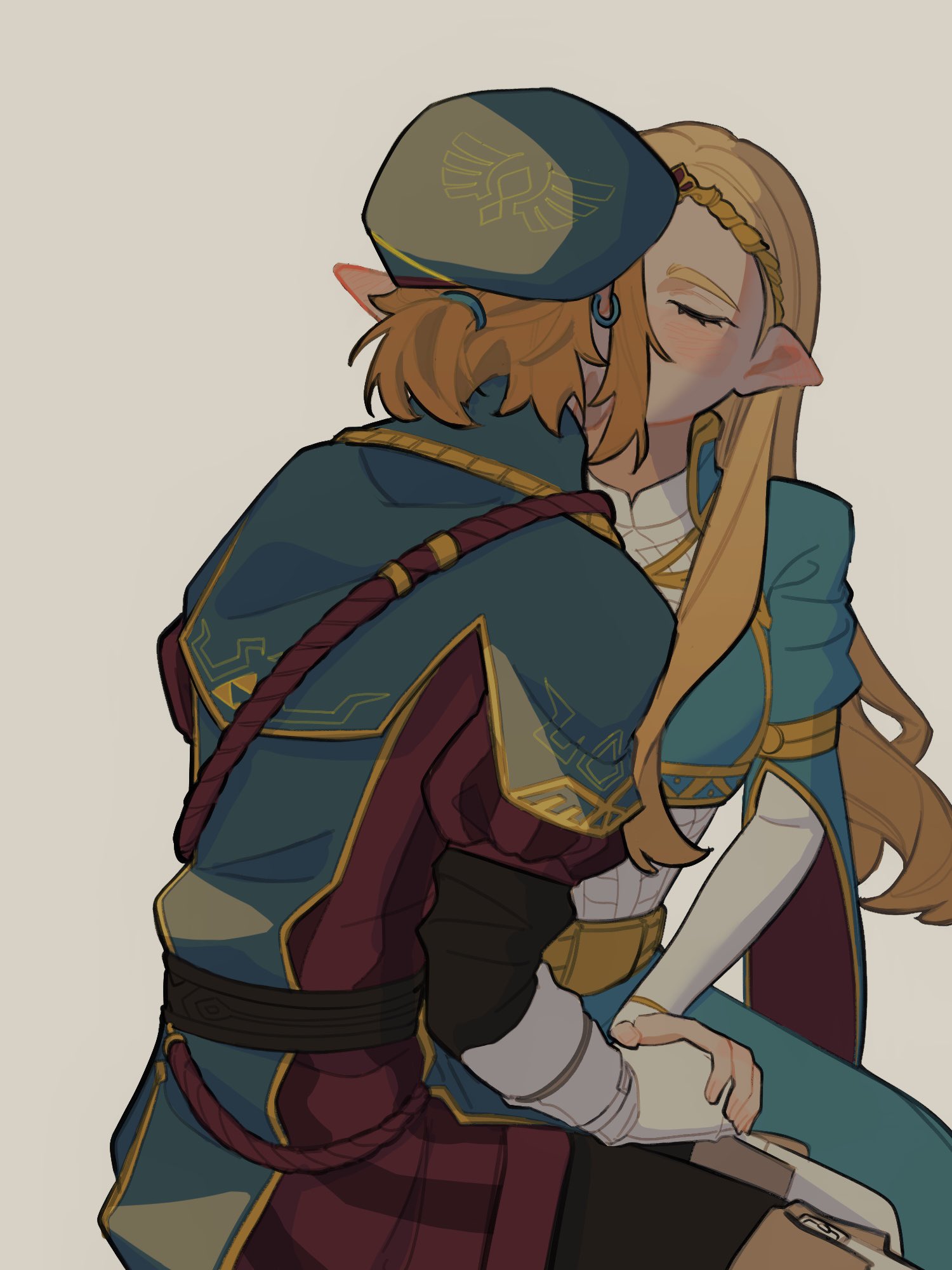 link, princess zelda, nintendo, the legend of zelda, the legend of zelda: breath of the wild, highres, 1boy, 1girl, 2yang, beret, blue dress, blue hat, blush, breasts, bridal gauntlets, closed eyes, couple, crown, dress, earrings, gloves, gold trim, grey background, hair tie, hat, hetero, holding hands, jewelry, kiss, long hair, medium breasts, medium hair, military hat, military uniform, official alternate costume, parted bangs, pointy ears, ponytail, royal guard set (zelda), short ponytail, sidelocks, white gloves