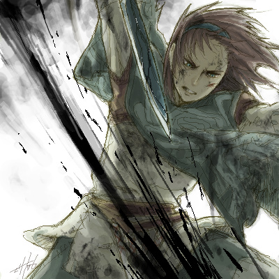 wander (shadow of the colossus), shadow of the colossus, lowres, 1boy, action, battle, blood, colossus, game console, male focus, oekaki, playstation 2, solo, stab, surcoat, sword, weapon