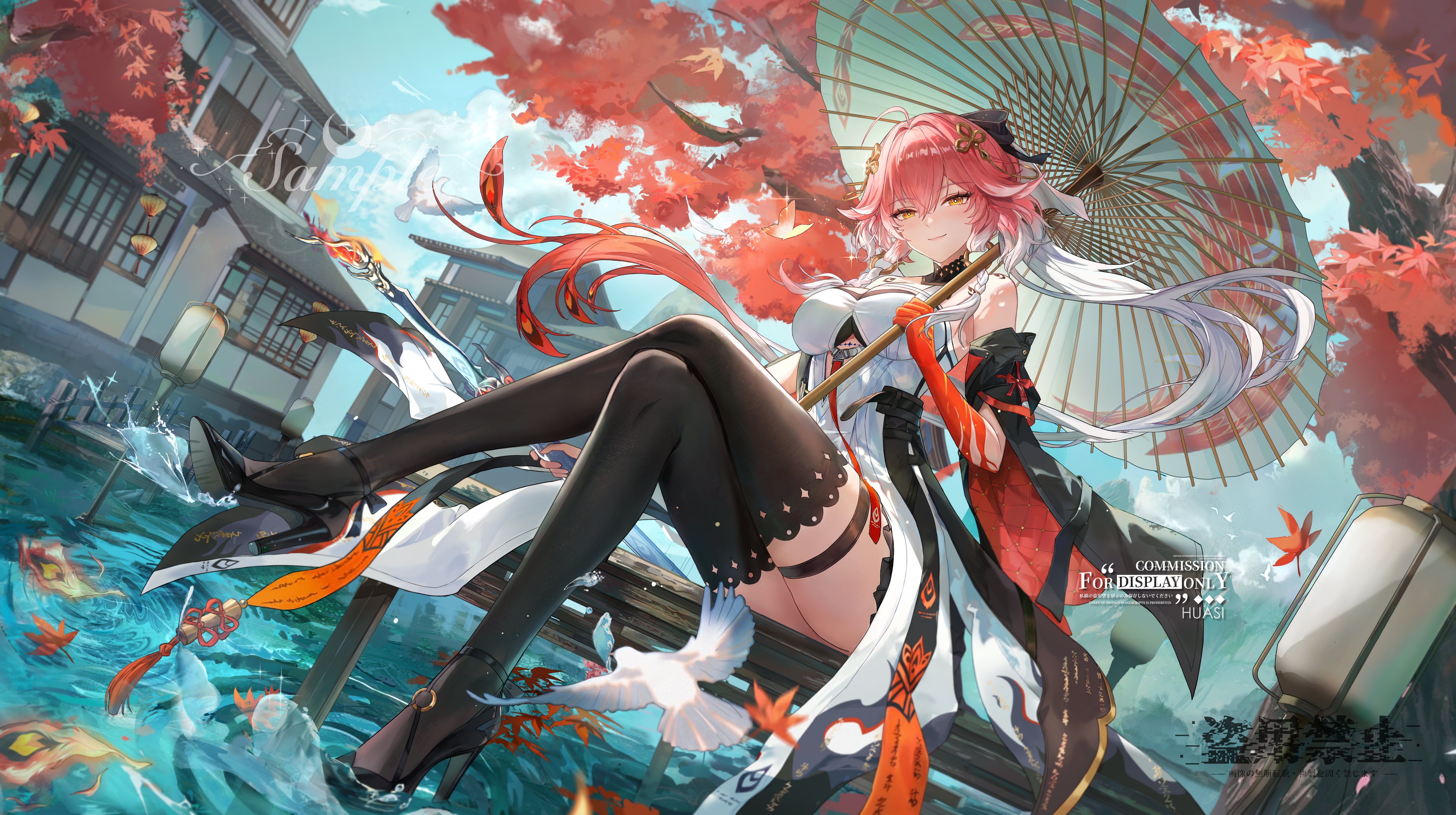 hua si, changli (wuthering waves), wuthering waves, absurdres, highres, 1girl, ahoge, architecture, artist name, bird, black shoes, black thighhighs, body markings, braid, branch, breasts, closed mouth, colored extremities, crossed legs, day, dutch angle, east asian architecture, hair between eyes, hair extensions, hair ornament, high heels, holding, holding umbrella, leaf, looking at viewer, maple leaf, maple tree, medium breasts, multicolored hair, oil-paper umbrella, outdoors, pink hair, red hands, red leaf, ring hair extensions, sample watermark, shoes, sitting, solo, tacet mark (wuthering waves), tassel, thigh strap, thighhighs, tree, twin braids, two-tone hair, umbrella, water, watermark, weibo watermark, white bird, white hair, yellow eyes