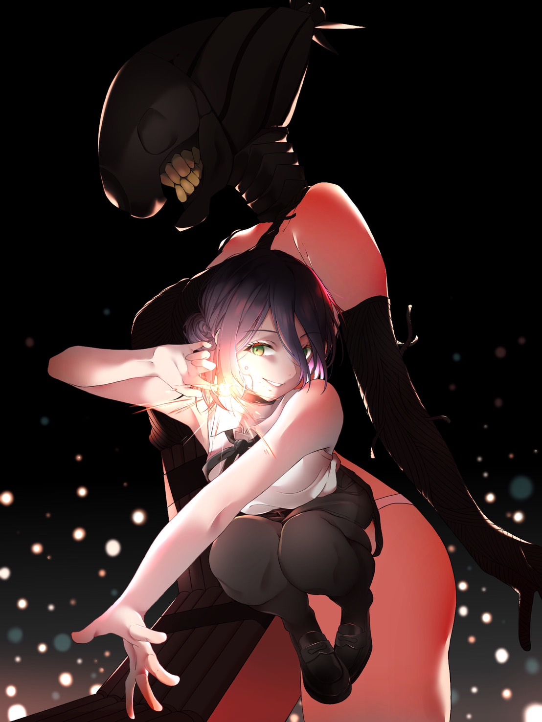 rex, bomb devil (chainsaw man), reze (chainsaw man), chainsaw man, highres, 1girl, apron, black apron, black gloves, black hair, black ribbon, black thighhighs, elbow gloves, gloves, green eyes, hair between eyes, neck ribbon, object head, ribbon, shirt, sleeveless, sleeveless shirt, squatting, teeth, thighhighs, white shirt