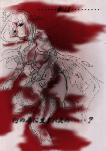 hal (goshujinomocha), hal (haruna), ultima (fft), final fantasy, final fantasy tactics, lowres, translation request, 1girl, angel wings, blood, breasts, death, empty eyes, female focus, head wings, long hair, monochrome, red eyes, red theme, solo, thighhighs, torn clothes, torn thighhighs, wings