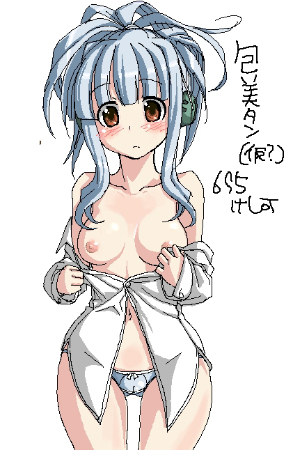 695 (mukuko), silver hair, bad id, bad pixiv id, 1girl, android, blue panties, blush, breasts, brown eyes, clothes down, collarbone, dress shirt, female focus, navel, nipples, nude, oekaki, off shoulder, open clothes, open shirt, panties, shirt, solo, tareme, thigh gap, underwear, wide hips