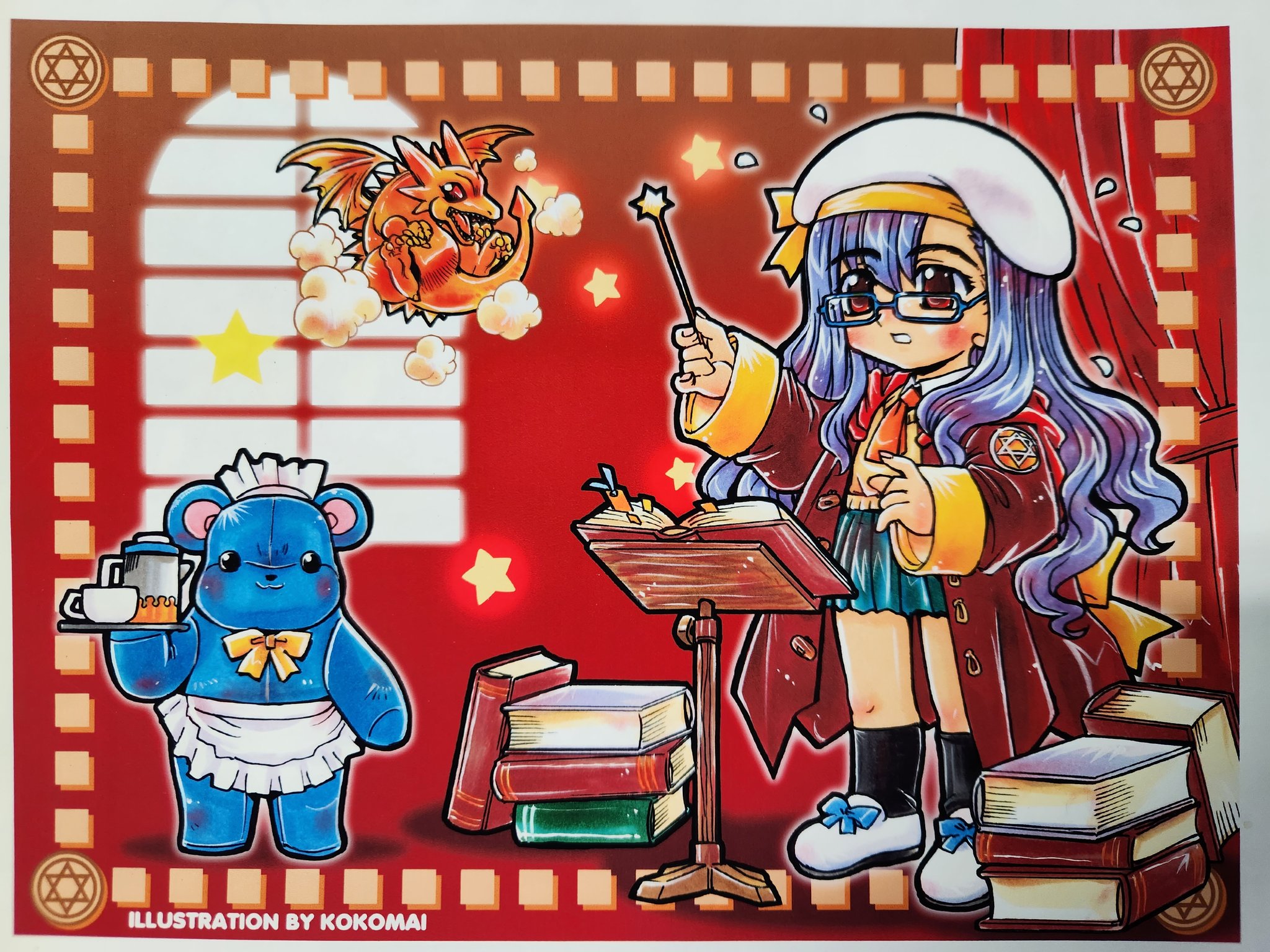 kokomahi, original, commentary, highres, marker (medium), official art, traditional media, 1girl, apron, aqua skirt, arm up, artist name, beret, black socks, blue-framed eyewear, blue bow, blue hair, book, book stack, bookmark, bow, bowtie, brown coat, coat, coffee pot, collared shirt, cup, dragon, flying, flying sweatdrops, footwear bow, glasses, hat, hat bow, hexagram, holding, holding tray, holding wand, long hair, long sleeves, magic, maid apron, maid headdress, open book, open clothes, open coat, parted lips, pleated skirt, red eyes, sharp teeth, shirt, shoes, skirt, sleeves past wrists, socks, solo, standing, star (symbol), star wand, stuffed animal, stuffed toy, sweater vest, teddy bear, teeth, tray, waist apron, wand, wavy hair, white hat, white shirt, white shoes, window, yellow bow, yellow bowtie, yellow sweater vest