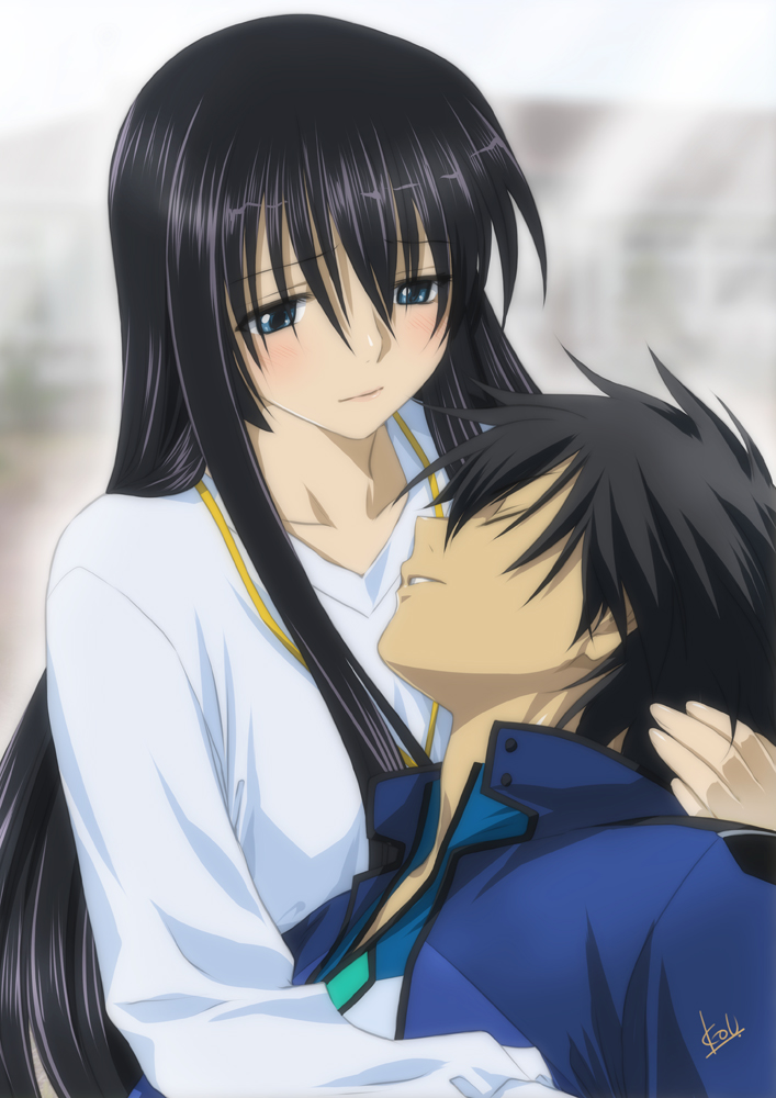 mitarashi kousei, marina ismail, setsuna f. seiei, gundam, gundam 00, 00s, 1boy, 1girl, black hair, blush, closed eyes, collarbone, dress shirt, long sleeves, shirt, short hair, sidelocks, spiked hair, upper body