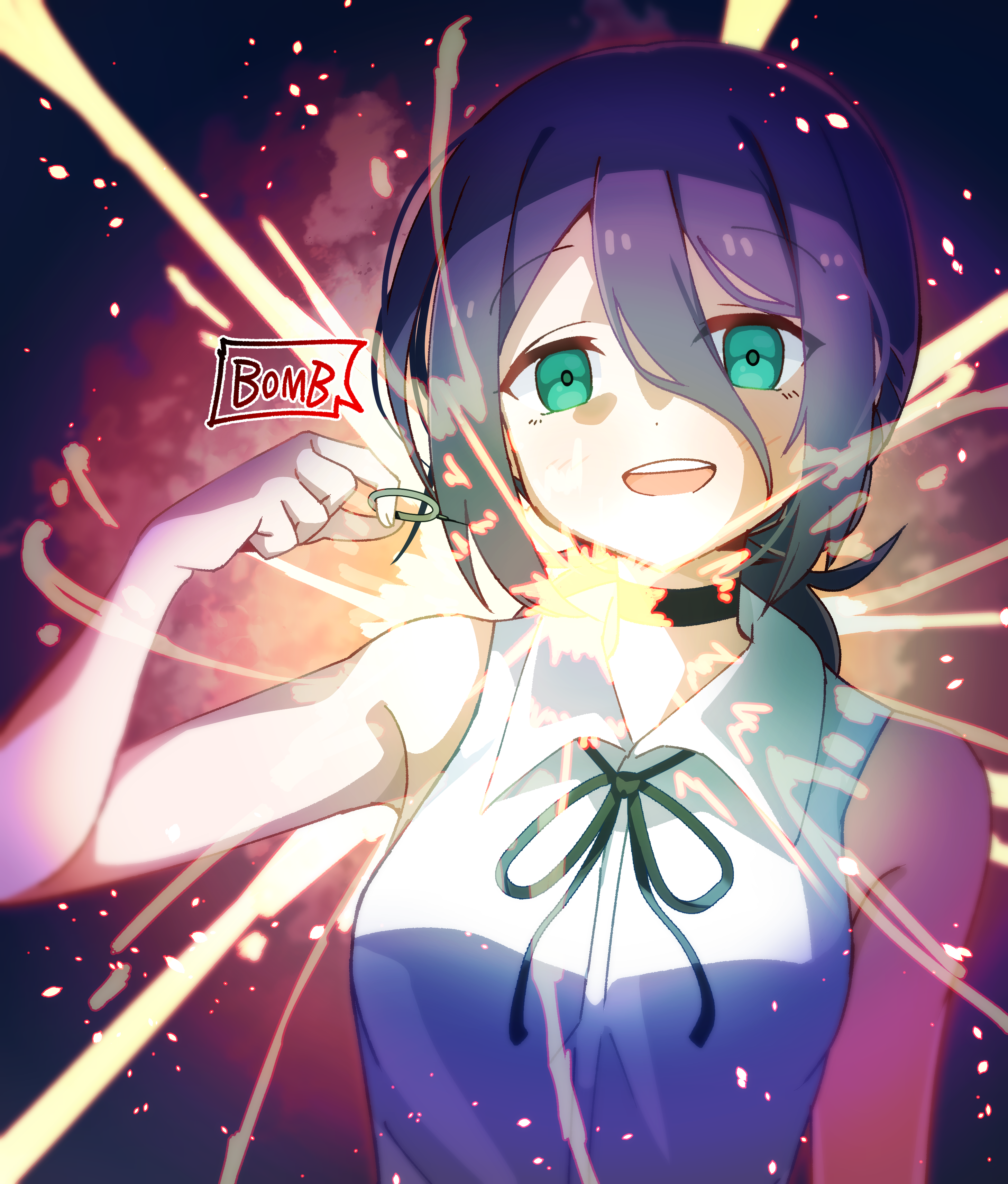 nkeo, reze (chainsaw man), chainsaw man, absurdres, highres, 1girl, black ribbon, collared shirt, green eyes, hair between eyes, imminent explosion, looking at viewer, neck ribbon, open mouth, purple hair, ribbon, shirt, sleeveless, sleeveless shirt, solo, speech bubble, teeth, upper teeth only, white shirt