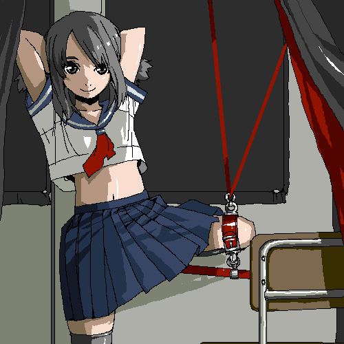 chiisan, lowres, 1girl, arms behind back, arms behind head, arms up, bdsm, black hair, bondage, bound, chair, come hither, female focus, grey eyes, happy, indoors, looking at viewer, midriff, navel, pleated skirt, school uniform, serafuku, short sleeves, skirt, smile, solo, spread legs, standing, standing on one leg, thighhighs, twintails, zettai ryouiki