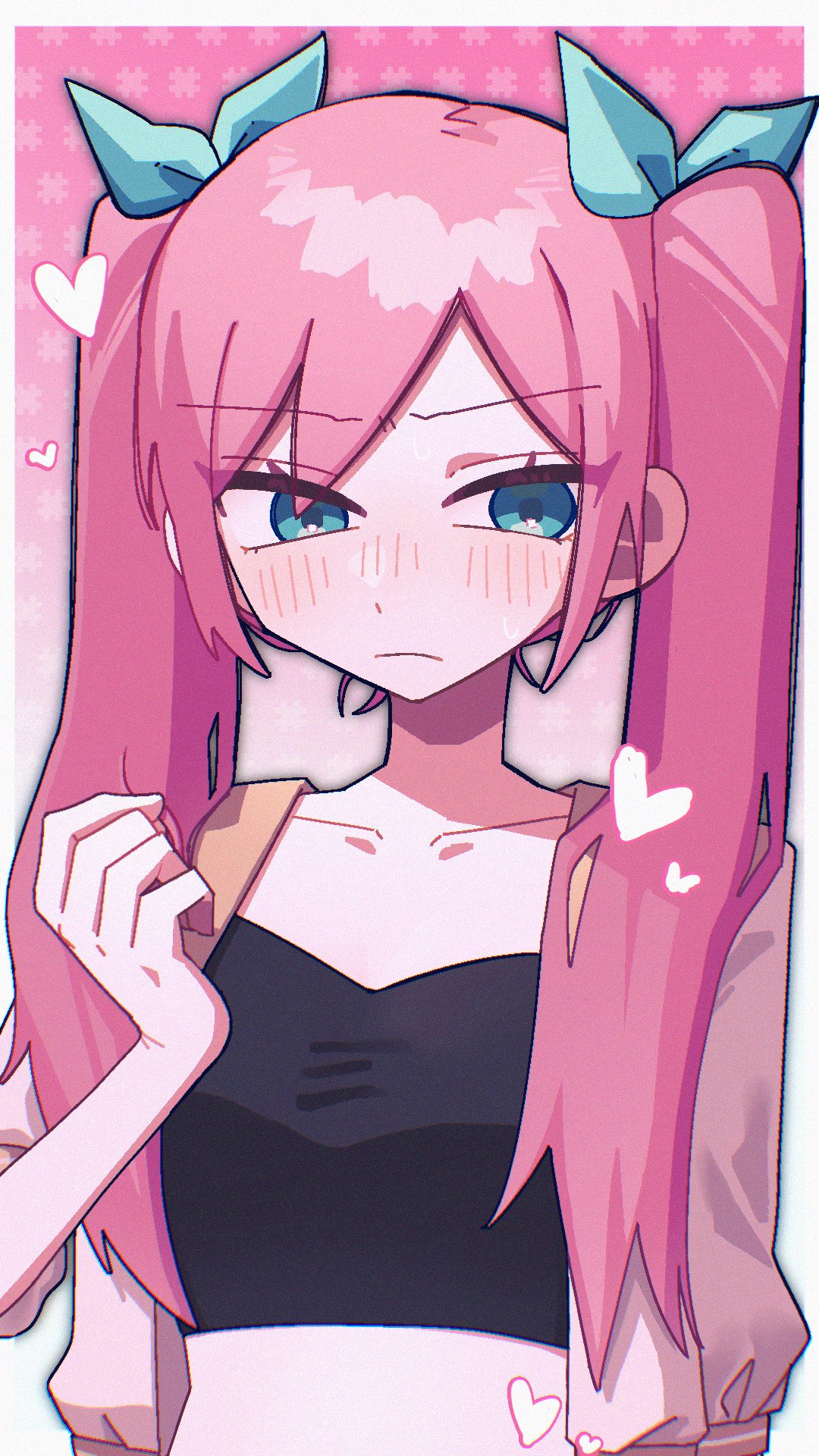yksm oe, aubrey (faraway) (omori), aubrey (omori), omori, highres, 1girl, alternate hairstyle, blue eyes, blue ribbon, chromatic aberration, collarbone, crop top, film grain, hair ribbon, jacket, long hair, pink hair, ribbon, short-sleeved jacket, short sleeves, solo, twintails, upper body, white jacket