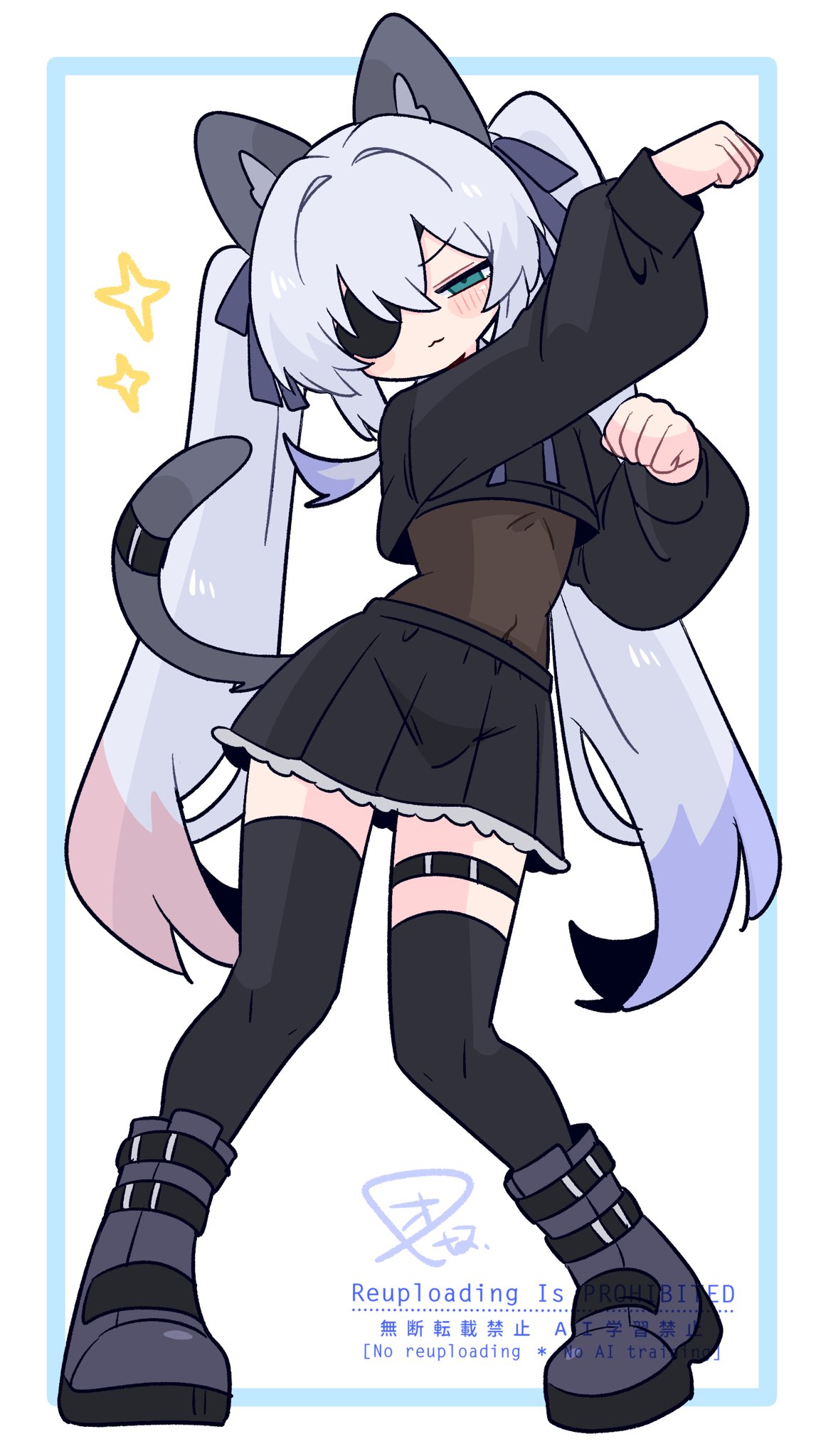 op na yarou, original, commentary, highres, 1boy, :3, animal ear fluff, animal ears, arm up, asymmetrical legwear, black skirt, black sweater, black thighhighs, blue eyes, blush, boots, bow, cat boy, cat ears, cat tail, covered navel, cropped sweater, crossdressing, crossdressing (mtf), eyepatch, frilled skirt, frills, full body, grey bow, grey tail, hair between eyes, hair bow, hand up, head tilt, long hair, long sleeves, looking at viewer, narrowed eyes, one eye covered, paw pose, pleated skirt, puffy long sleeves, puffy sleeves, purple boots, rigel (op na yarou), sidelocks, simple background, skirt, solo, standing, star (symbol), straight hair, sweater, tail, thigh strap, thighhighs, trap, twintails, uneven legwear, v-shaped eyebrows, very long hair, watermark, white background, white hair