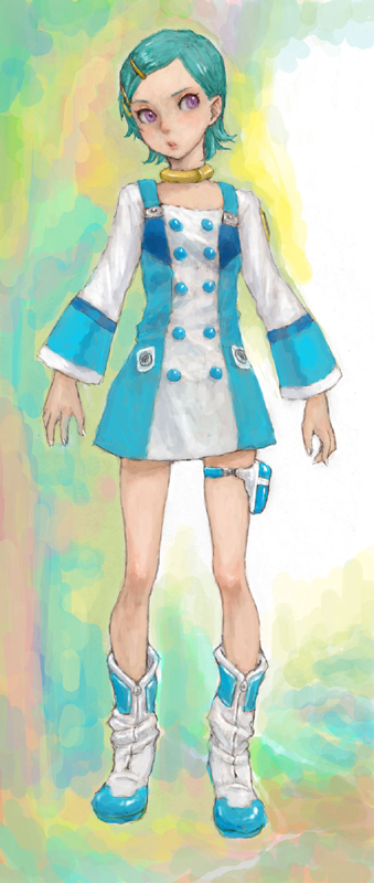 ponsuke (pon00000), eureka (eureka seven), eureka seven, eureka seven (series), bad id, bad pixiv id, 00s, 1girl, aqua hair, boots, female focus, short hair, solo, thigh gap, thigh strap, white boots