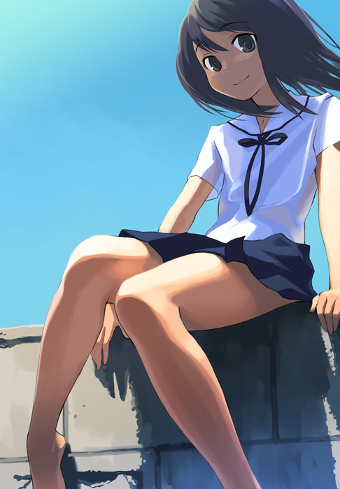 oryo (oryo04), original, wall, bad id, bad pixiv id, derivative work, 1girl, barefoot, brick wall, brown hair, day, female focus, legs, long hair, looking at viewer, school uniform, short hair, short sleeves, sitting, skirt, sky, smile, solo, wind