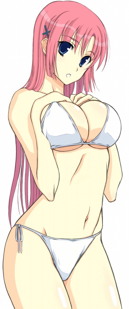 kamimiya, shirakawa kotori, da capo, da capo i, highres, 00s, 1girl, bikini, blue eyes, breast suppress, breasts, cleavage, female focus, large breasts, long hair, pink hair, side-tie bikini bottom, solo, swimsuit, white bikini