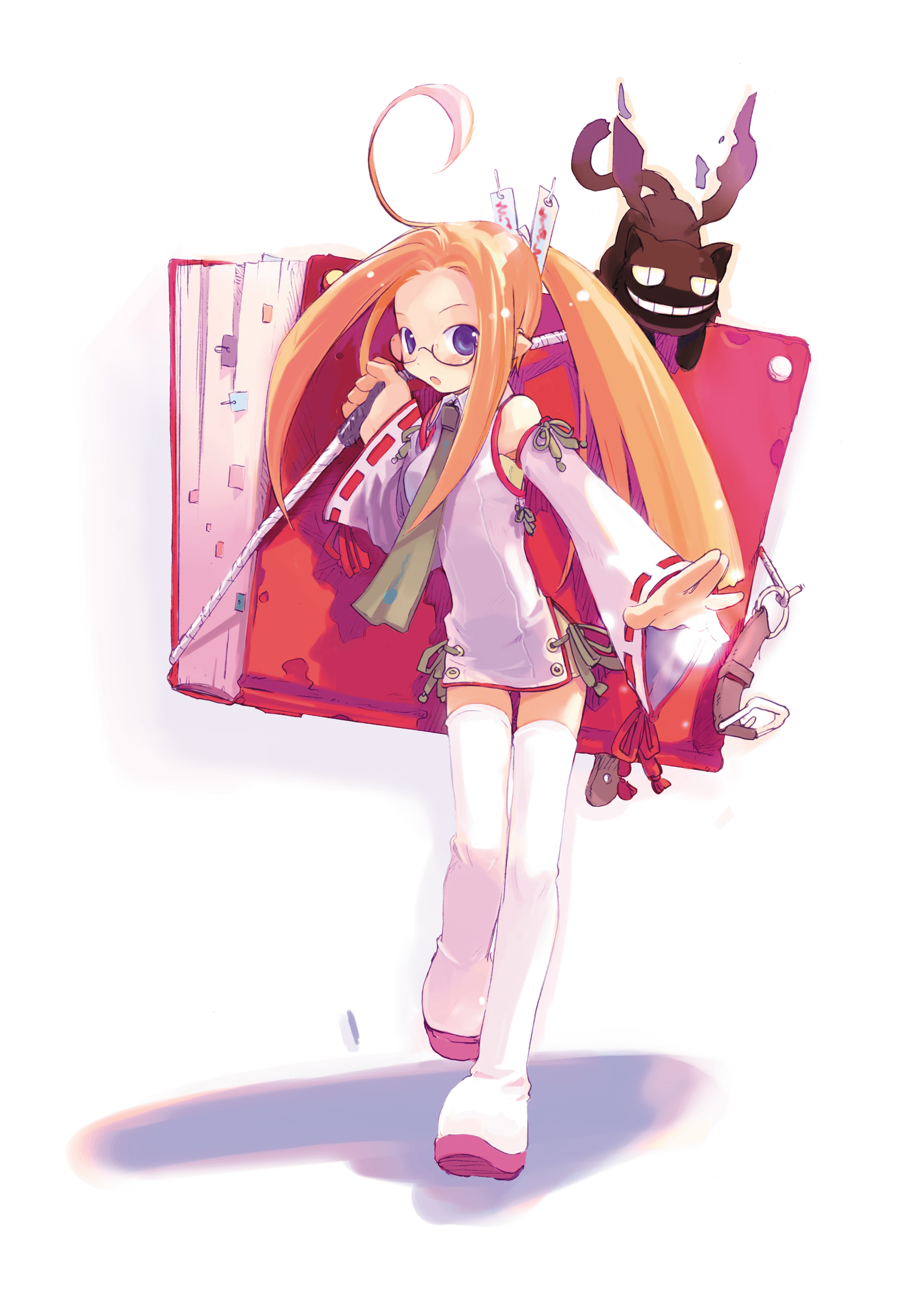 harada takehito, highres, 1girl, book, detached sleeves, female focus, glasses, nontraditional miko, solo, thighhighs