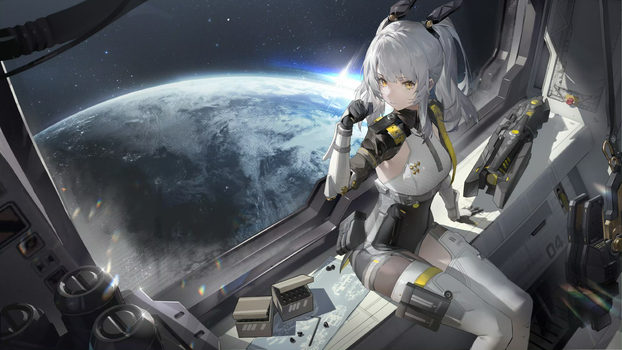 yeyuanqianqianqian, karenina: scire (pgr), karenina (pgr), punishing: gray raven, highres, official art, 1girl, grey hair, hand up, in orbit, long hair, looking at viewer, mechabare, moon, planet, ponytail, porthole, sitting, smile, solo, space, spacecraft, spacecraft interior, star (sky), window, yellow eyes