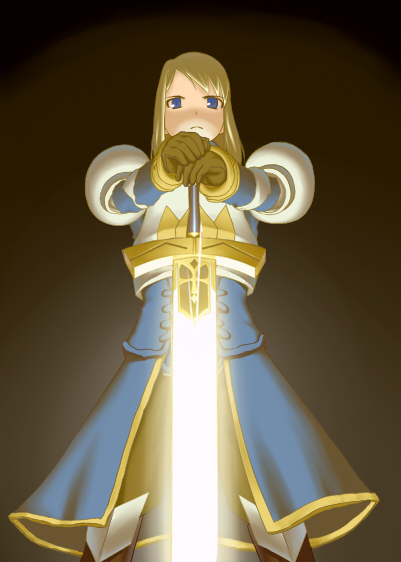 akimichi, agrias oaks, fate/stay night, fate (series), final fantasy, final fantasy tactics, 1girl, armor, blonde hair, blue eyes, excalibur (fate/stay night), female focus, gloves, glowing, glowing sword, glowing weapon, hands on hilt, knight, look-alike, parody, solo, sword, weapon