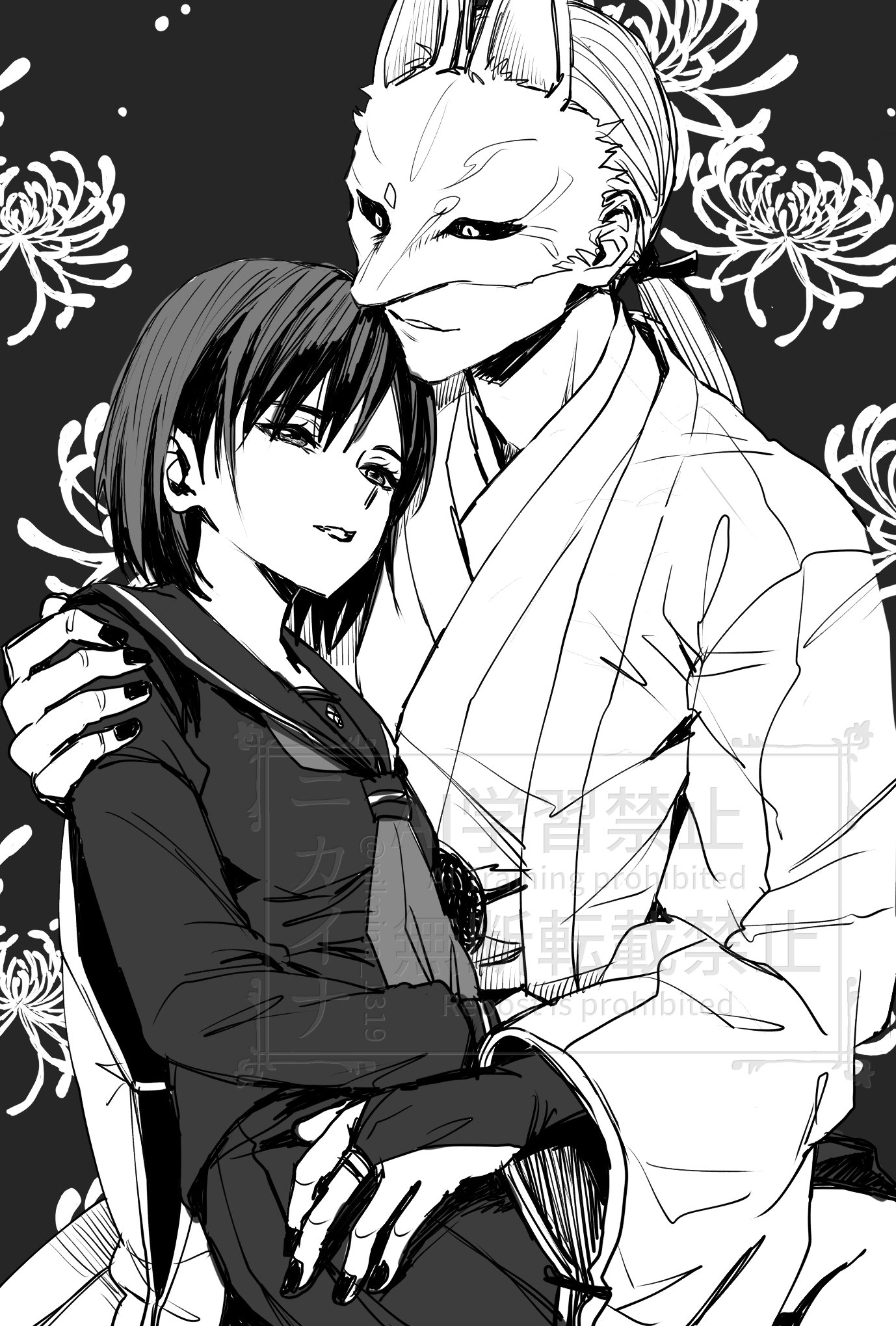 fox mask (silent hill), shimizu hinako, silent hill (series), silent hill f, highres, 1boy, 1girl, arm around shoulder, black background, black hair, black nails, black sailor collar, black sclera, black serafuku, black shirt, black skirt, breasts, bridal gauntlets, colored sclera, couple, floral background, flower, fox mask, grey neckerchief, greyscale, hair between eyes, hair tie, hetero, japanese clothes, long hair, low ponytail, mask, medium breasts, monochrome, nail polish, neckerchief, nikaina 1319, parted lips, pleated skirt, ponytail, robe, sailor collar, school uniform, serafuku, shirt, short hair, sitting, sitting on lap, sitting on person, skirt, slit pupils, smile, spider lily, white hair, white robe, wide sleeves