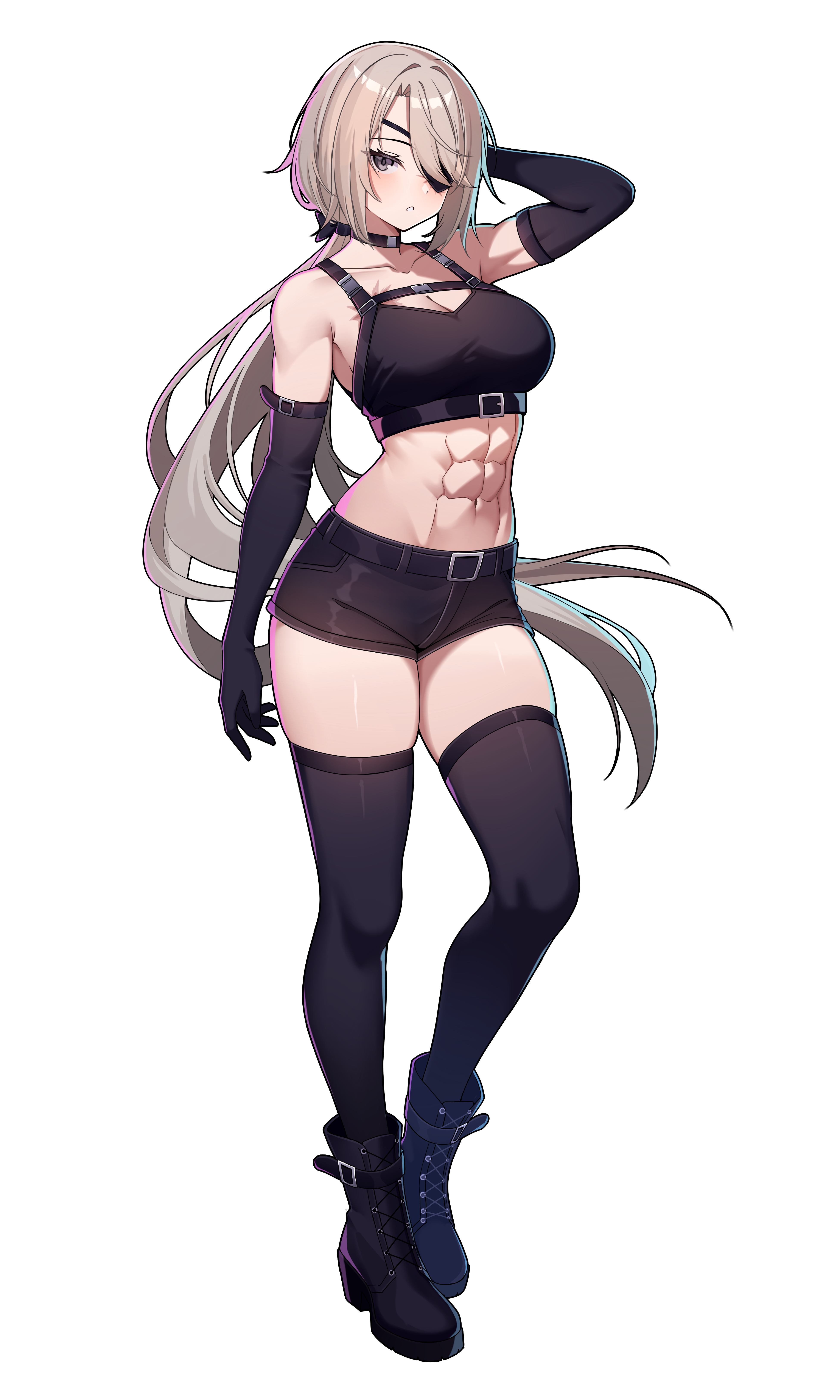 wayanfa, lydia macarthur, original, absurdres, commission, commissioner upload, highres, non-web source, 1girl, abs, arm belt, bare shoulders, belt, belt collar, blonde hair, boots, breasts, chest belt, collar, crop top, elbow gloves, eyelashes, eyepatch, gloves, grey eyes, hair over one eye, hair ribbon, hand in own hair, large breasts, long bangs, long hair, looking at viewer, muscular, muscular female, navel, petite, ponytail, ribbon, scar, shorts, sleeveless, solo, thighhighs, thighs, transparent background