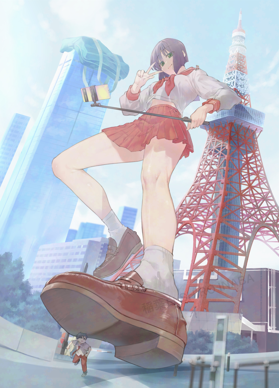 inaba makoto, koushinchou no kouhai to teishinchou no senpai ga renai ni hatten suru made, commentary request, highres, 1boy, 1girl, bag, blue sky, brown shoes, building, city, day, giant, giantess, green eyes, koeda yuki (koushinchou no kouhai to teishinchou no senpai ga renai ni hatten suru made), loafers, midriff, neckerchief, oohara misaki (koushinchou no kouhai to teishinchou no senpai ga renai ni hatten suru made), outdoors, pants, pleated skirt, purple hair, red neckerchief, red pants, red sailor collar, red skirt, running, sailor collar, school bag, school uniform, selfie stick, serafuku, shirt, shoes, short hair, skirt, sky, skyscraper, socks, v, white shirt, white socks