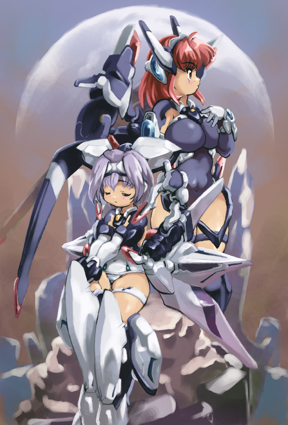 yu 3, crueltear, exelica, trigger heart exelica, silver hair, highres, 2girls, breasts, brown eyes, closed eyes, flat chest, large breasts, mecha musume, moon, multiple girls, red hair