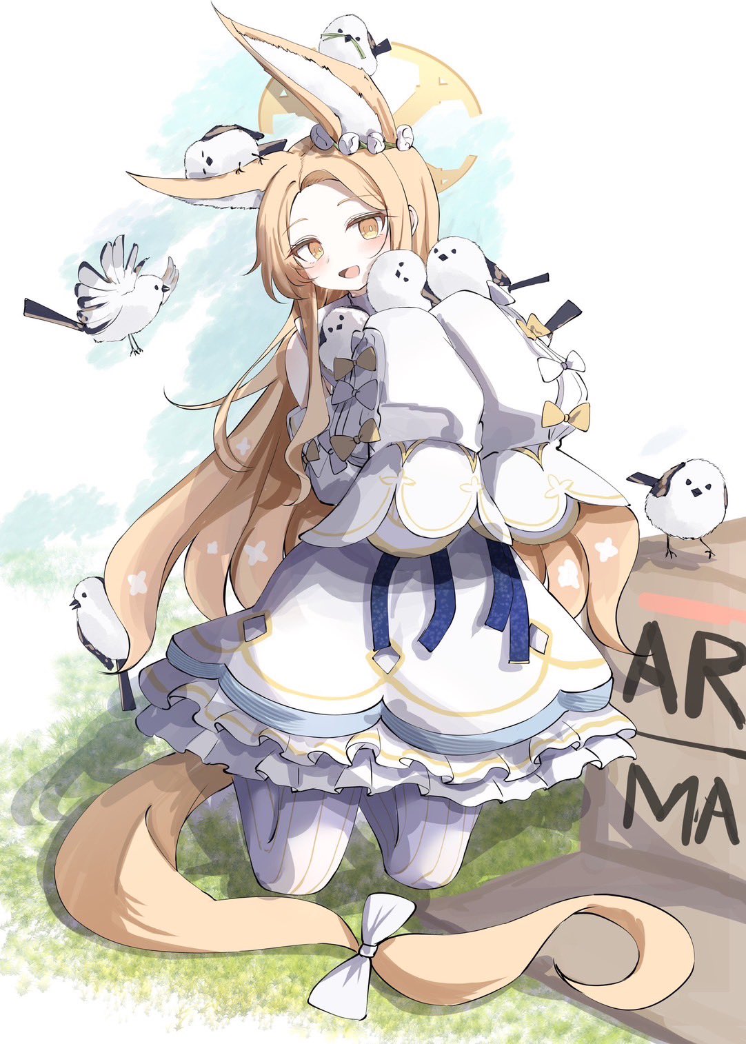 shiranui (siranuiw), seia (blue archive), blue archive, highres, 1girl, animal ears, blonde hair, dress, fox ears, halo, long hair, looking at viewer, pantyhose, school uniform, solo, striped clothes, striped pantyhose, thighs, vertical-striped clothes, vertical-striped pantyhose, white background, white dress, white pantyhose, yellow eyes, yellow halo