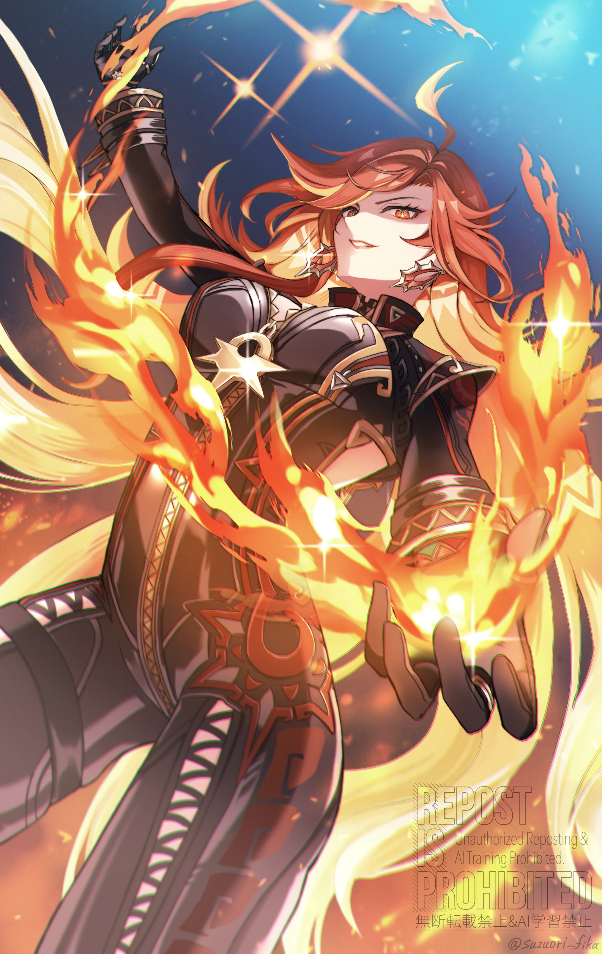 suzuori fika, mavuika (genshin impact), genshin impact, absurdres, commentary request, highres, revision, 1girl, ahoge, biker clothes, bikesuit, black bodysuit, black gloves, bodysuit, breasts, colored inner hair, cowboy shot, earrings, fire, gloves, huge ahoge, jewelry, large breasts, long hair, long sleeves, looking at viewer, multicolored hair, orange eyes, orange hair, orange pupils, partially shaded face, smile, solo, standing, twitter username, very long hair, zipper pull tab