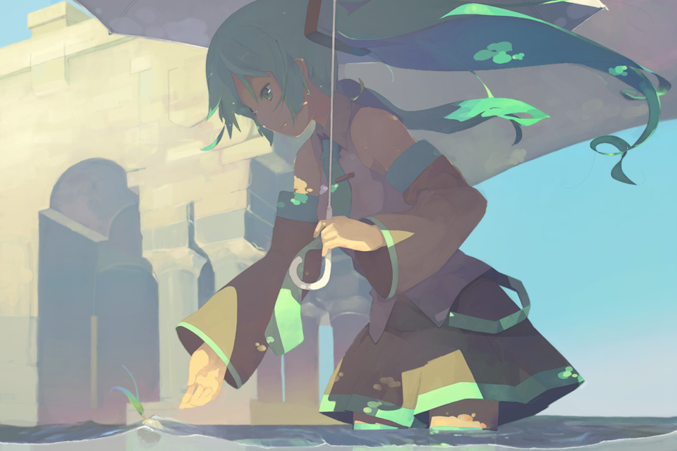 shirohanamame taichou, hatsune miku, vocaloid, 1girl, aqua hair, day, detached sleeves, female focus, holding, holding umbrella, miniskirt, necktie, outdoors, skirt, sky, solo, spring onion, tie clip, twintails, umbrella, wading, water