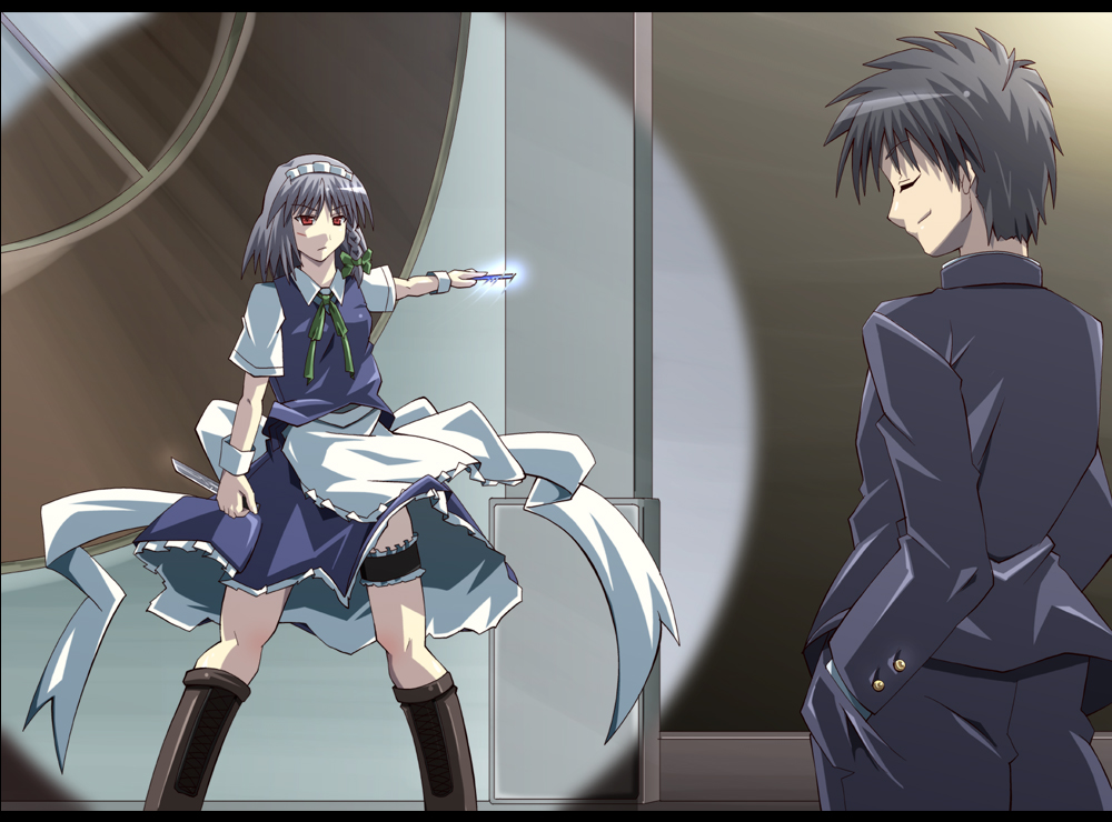 shin'ya (nanp), izayoi sakuya, nanaya shiki, tohno shiki, melty blood, touhou, tsukihime, type-moon, 00s, 1boy, 1girl, crossover, gakuran, knife, red eyes, reverse grip, school uniform, serafuku, short hair, throwing knife, weapon