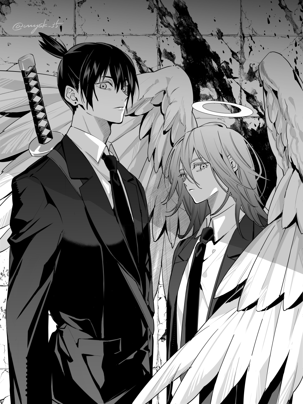 mysk 35, angel devil (chainsaw man), hayakawa aki, chainsaw man, highres, 2boys, androgynous, angel wings, black hair, black jacket, black necktie, black suit, blood, blood on wall, closed mouth, collared shirt, earrings, feathered wings, formal clothes, hair between eyes, halo, jacket, jewelry, katana, long hair, looking at viewer, male focus, multiple boys, necktie, ponytail, shirt, short hair, short ponytail, stud earrings, suit, suit jacket, sword, sword on back, tile wall, tiles, weapon, weapon on back, white shirt, wings