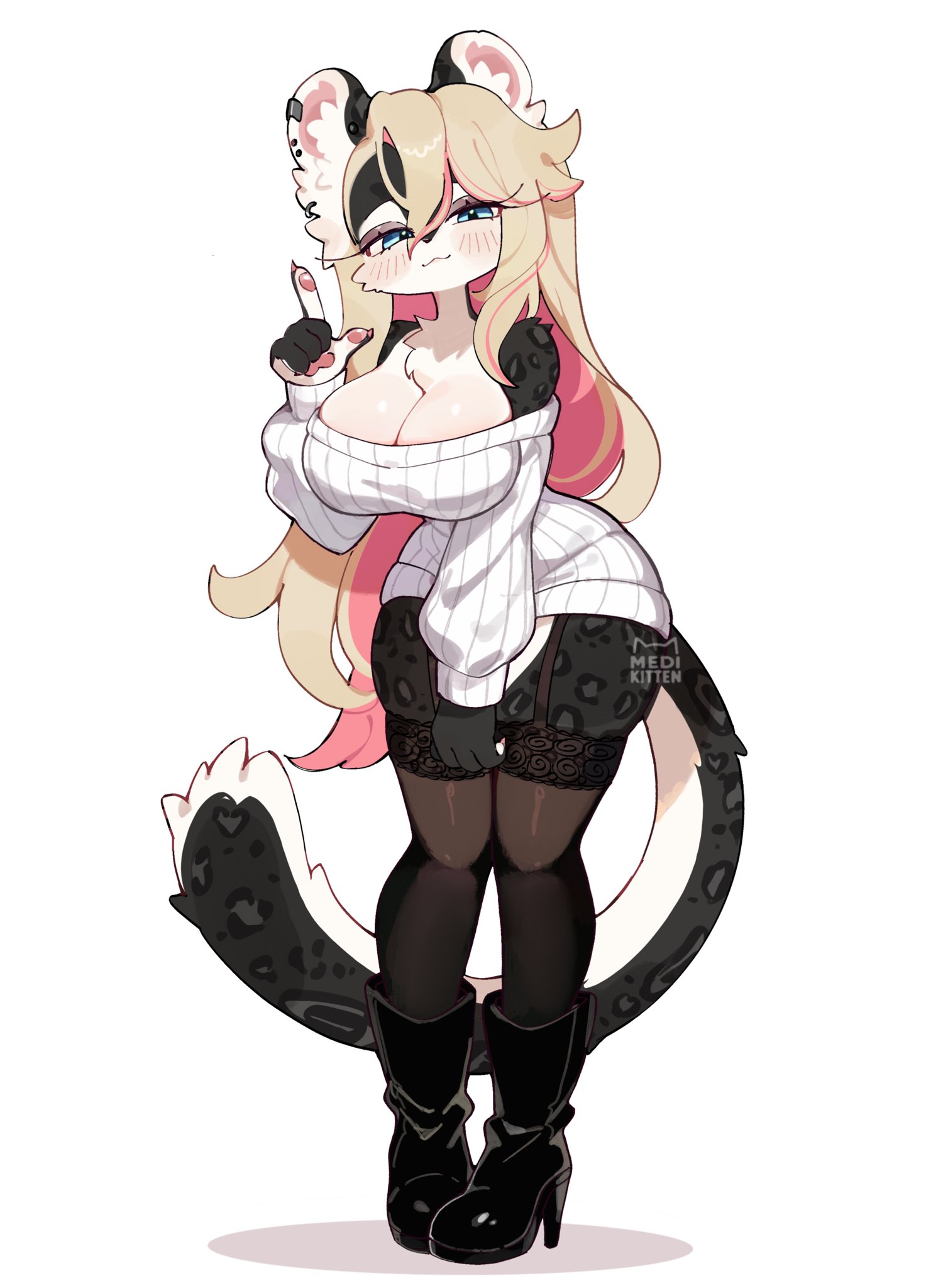 original, highres, 1girl, animal ear piercing, animal ears, artist name, bare shoulders, black boots, black thighhighs, blonde hair, blue eyes, boots, breasts, cleavage, full body, high heel boots, high heels, index finger raised, large breasts, leopard ears, leopard girl, leopard tail, long hair, long sleeves, looking at viewer, medikitten, multicolored hair, off-shoulder sweater, off shoulder, pink hair, ribbed sweater, simple background, skindentation, solo, sweater, tail, thick thighs, thighhighs, thighs, two-tone hair, very long hair, white background, white sweater, wide hips