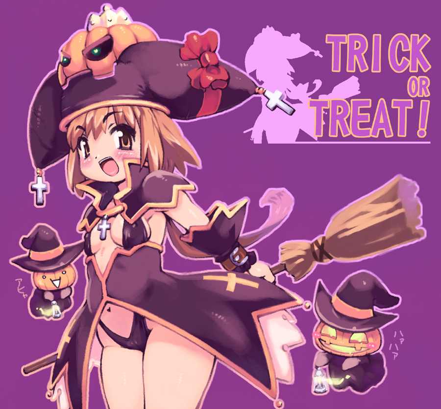 yu 3, chocolat queen, 1girl, broom, brown eyes, brown hair, costume, covered erect nipples, female focus, halloween, happy, jack-o'-lantern, night, open mouth, pumpkin, pumpkin hat, purple background, solo, trick or treat
