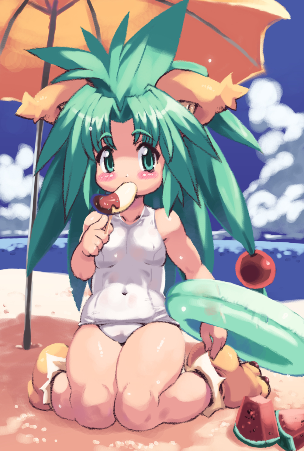 yu 3, cham cham, samurai spirits, snk, highres, 1girl, animal ears, banana, beach, blush, cloud, day, female focus, food, fruit, green eyes, green hair, hair ornament, holding, ice cream, matching hair/eyes, one-piece swimsuit, outdoors, paw shoes, school swimsuit, shoes, sky, solo, sphere hair ornament, summer, swimsuit, white one-piece swimsuit, white school swimsuit