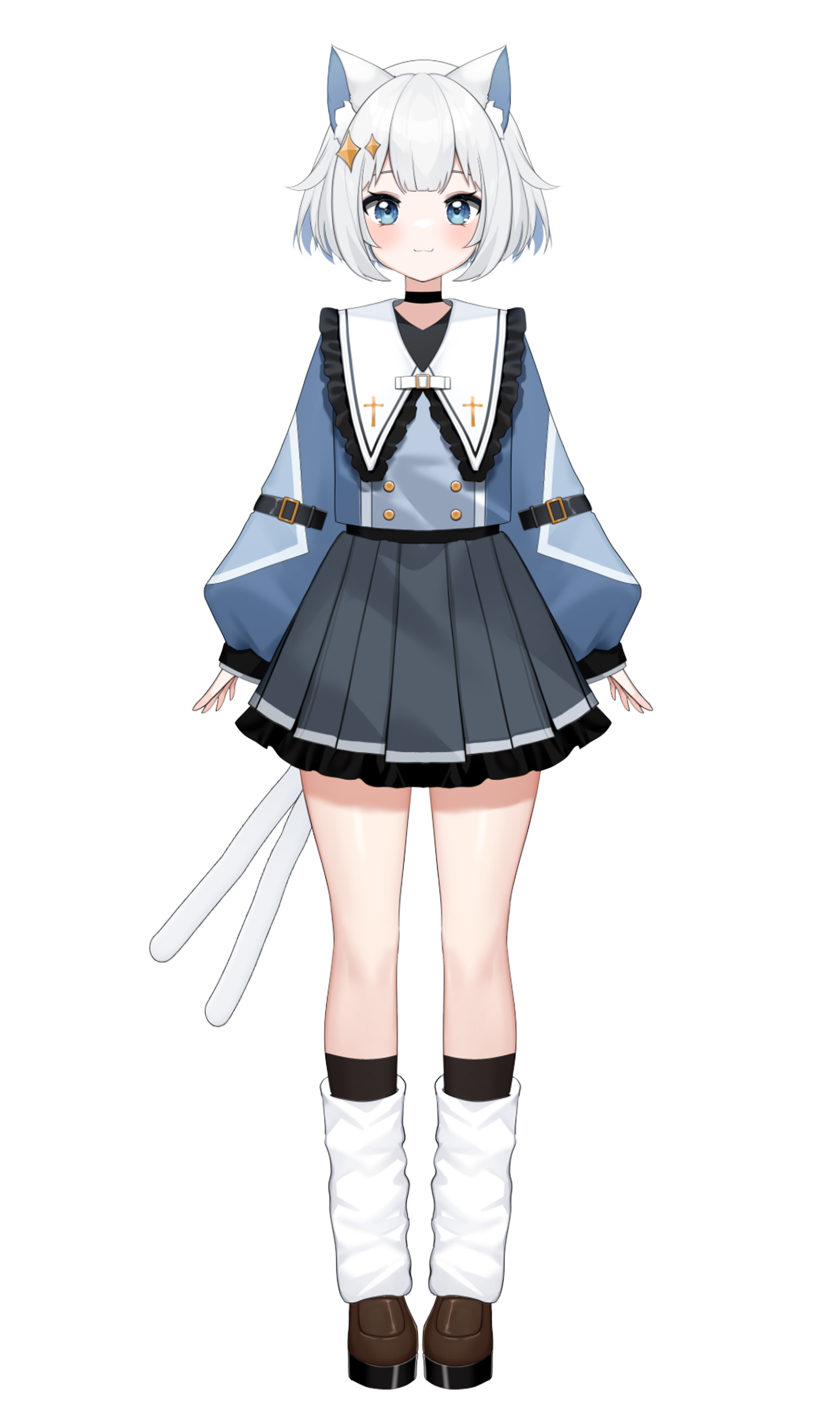 absurdres, highres, official art, 1girl, :3, animal ears, black choker, black skirt, black socks, blue eyes, blue hair, blue shirt, blush, brown shoes, cat ears, cat tail, choker, closed mouth, colored inner animal ears, cross, frilled sailor collar, frills, full body, hair ornament, latin cross, leg warmers, long sleeves, looking at viewer, mahiru yume, multicolored hair, multiple tails, pleated skirt, puffy long sleeves, puffy sleeves, sailor collar, shirt, shoes, short hair, simple background, skirt, sleeves past wrists, socks, solo, standing, tachi-e, tail, transparent background, two-tone hair, vcarat, virtual youtuber, white hair, white leg warmers, white sailor collar, youmi yumi