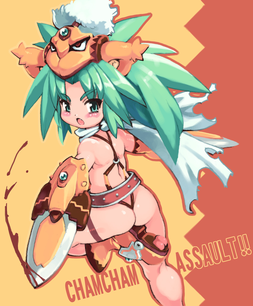 yu 3, cham cham, samurai spirits, snk, highres, 1girl, angry, animal ears, armor, ass, blush, cat ears, fang, female focus, green eyes, green hair, scarf, solo