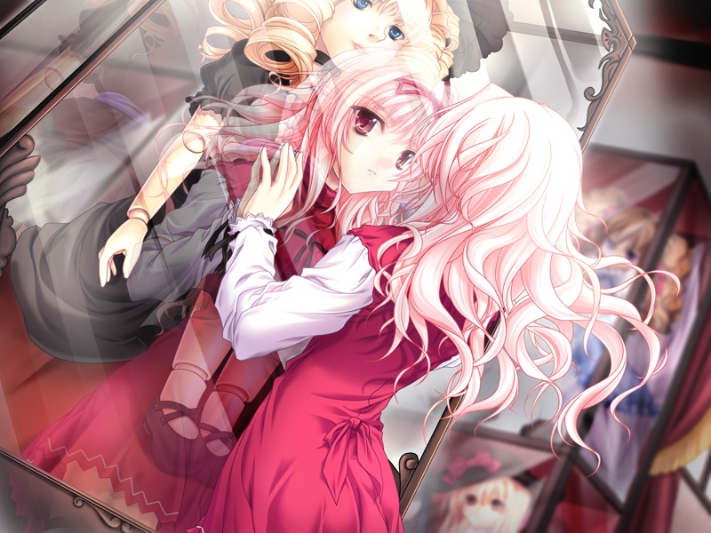 miyama-zero, akina suzutsuki, kanojo tachi no ryuugi, game cg, non-web source, 1girl, against glass, blonde hair, blue eyes, doll, doll joints, drill hair, female focus, hair ribbon, joints, long hair, pink hair, red eyes, reflection, ribbon, solo, very long hair