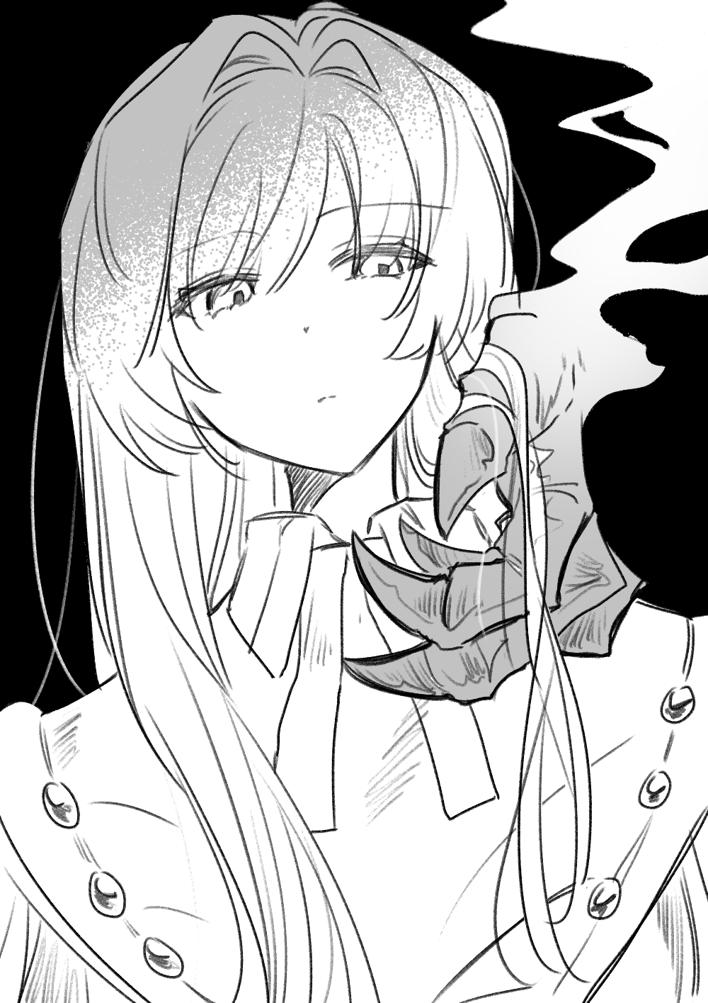 dikke (reverse:1999), reverse:1999, highres, 1girl, 8ru, black background, closed mouth, collared dress, disembodied hand, dress, expressionless, greyscale, half-closed eyes, long hair, looking at viewer, monochrome, portrait, smoke, solo, straight hair