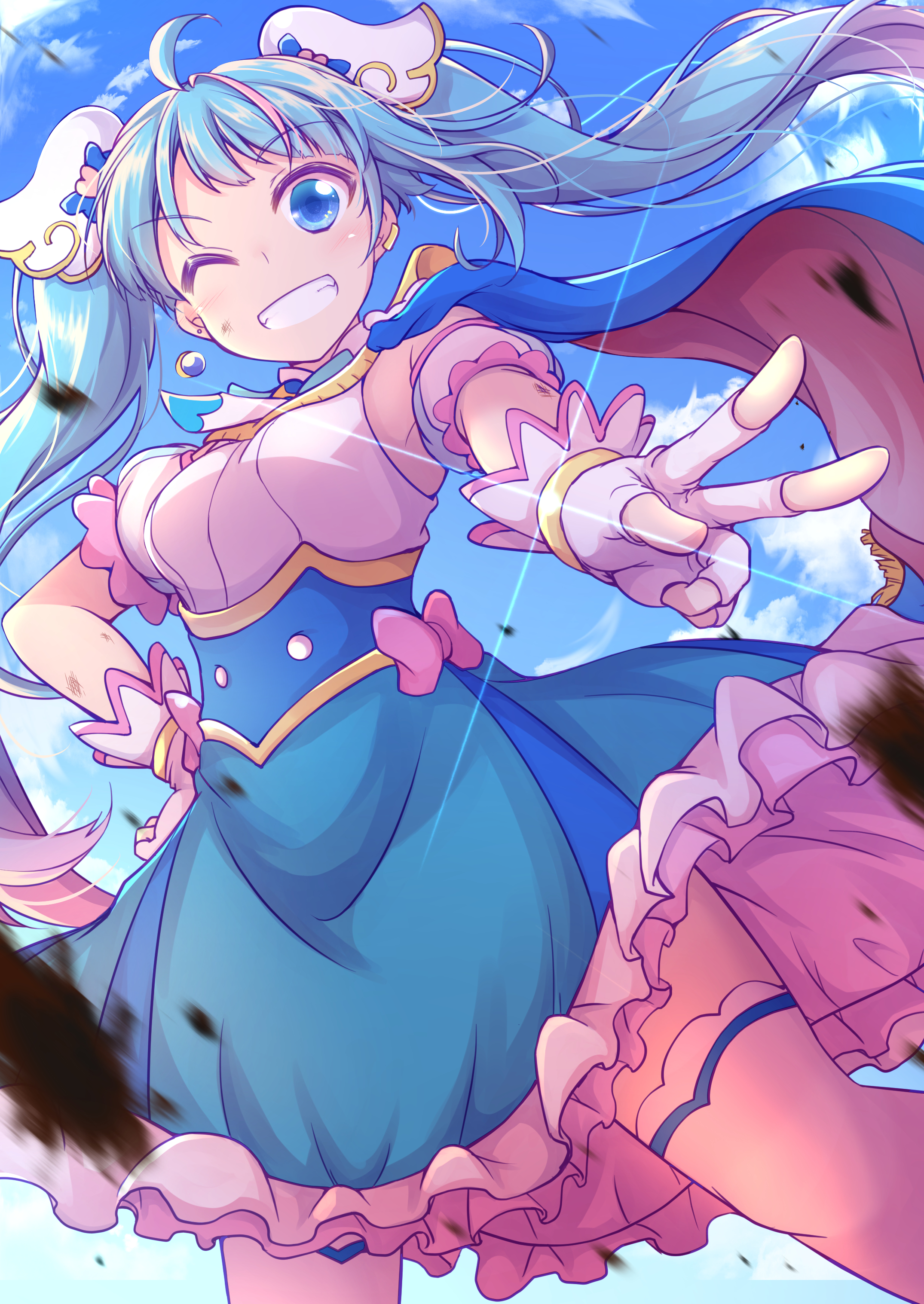 muusu, cure sky, sora harewataru, hirogaru sky! precure, precure, absurdres, commentary request, commission, highres, partial commentary, skeb commission, 1girl, blue cape, blue dress, blue eyes, blue hair, blue sky, bow, brooch, cape, cloud, cloudy sky, cut bangs, day, detached sleeves, diffraction spikes, dress, dress bow, earclip, earrings, fingerless gloves, frilled dress, frills, fringe trim, gloves, gradient hair, grin, hair ornament, hand on own hip, jewelry, long hair, magical girl, medium dress, multicolored hair, one eye closed, outdoors, pink bow, pink hair, puffy detached sleeves, puffy sleeves, red cape, single earring, single sidelock, sky, sleeveless, sleeveless dress, smile, solo, streaked hair, thighhighs, twintails, two-sided cape, two-sided fabric, two-tone dress, two-tone hair, v, very long hair, white dress, white gloves, white thighhighs, wind, wing brooch, wing hair ornament