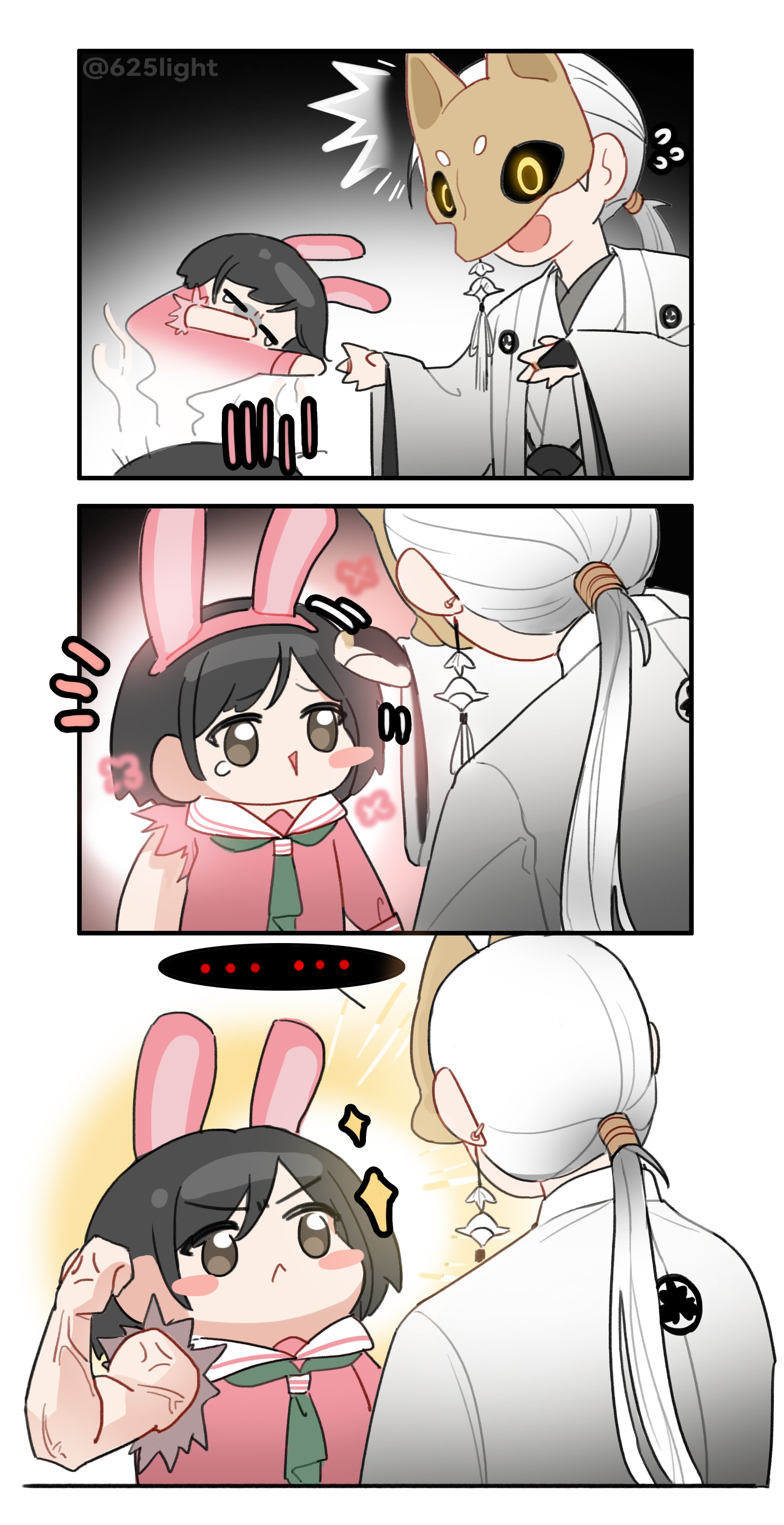 625light, fox mask (silent hill), shimizu hinako, silent hill (series), silent hill f, absurdres, highres, …, 1boy, 1girl, animal ear hairband, animal ears, black hair, black sclera, blush stickers, bridal gauntlets, brown eyes, chibi, chibi only, closed eyes, colored sclera, earrings, fake animal ears, flexing, fox mask, frown, furrowed brow, green neckerchief, hairband, hand on another's head, japanese clothes, jewelry, long hair, looking at another, low ponytail, mask, muscular, muscular female, neckerchief, open mouth, outstretched hand, pink hairband, pink serafuku, pink shirt, ponytail, rabbit ears, robe, sailor collar, school uniform, serafuku, shirt, short hair, single blush sticker, single earring, smile, sparkle, spirit, spoken ellipsis, tassel, tassel earrings, torn sleeve, twitter username, white background, white hair, white robe, white sailor collar, wide-eyed, wide sleeves, yellow eyes
