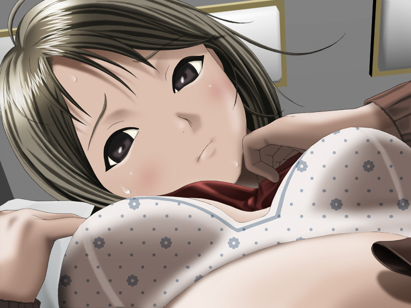 shirokagi, kyouin kyoushitsu, game cg, 1girl, blush, bra, female focus, lingerie, print bra, solo, sweat, underwear