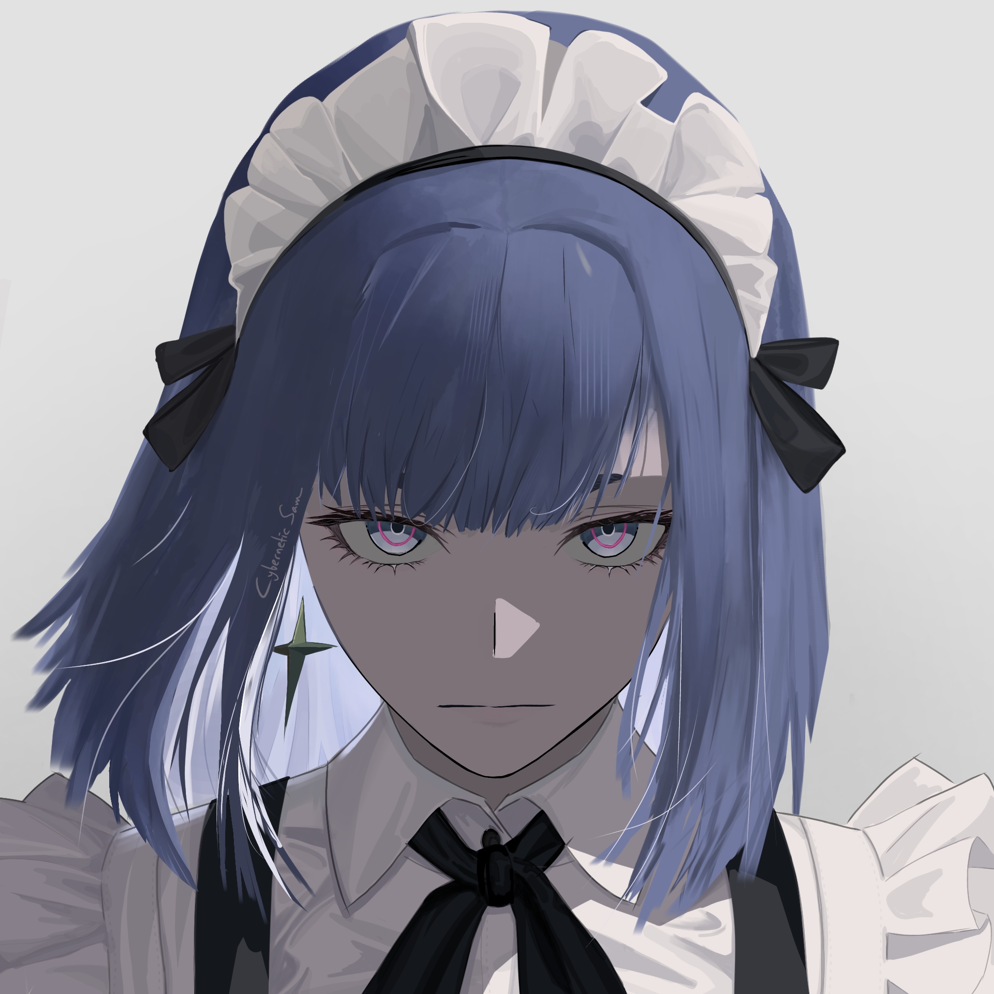 cybernetic sam, alisa (pgr), punishing: gray raven, commentary, highres, 1girl, alternate costume, black bow, black bowtie, black eyes, blue hair, bow, bowtie, closed mouth, collared shirt, colored inner hair, enmaided, grey background, looking at viewer, maid, maid headdress, multicolored hair, portrait, shirt, short hair, signature, solo, straight-on, straight hair, white shirt