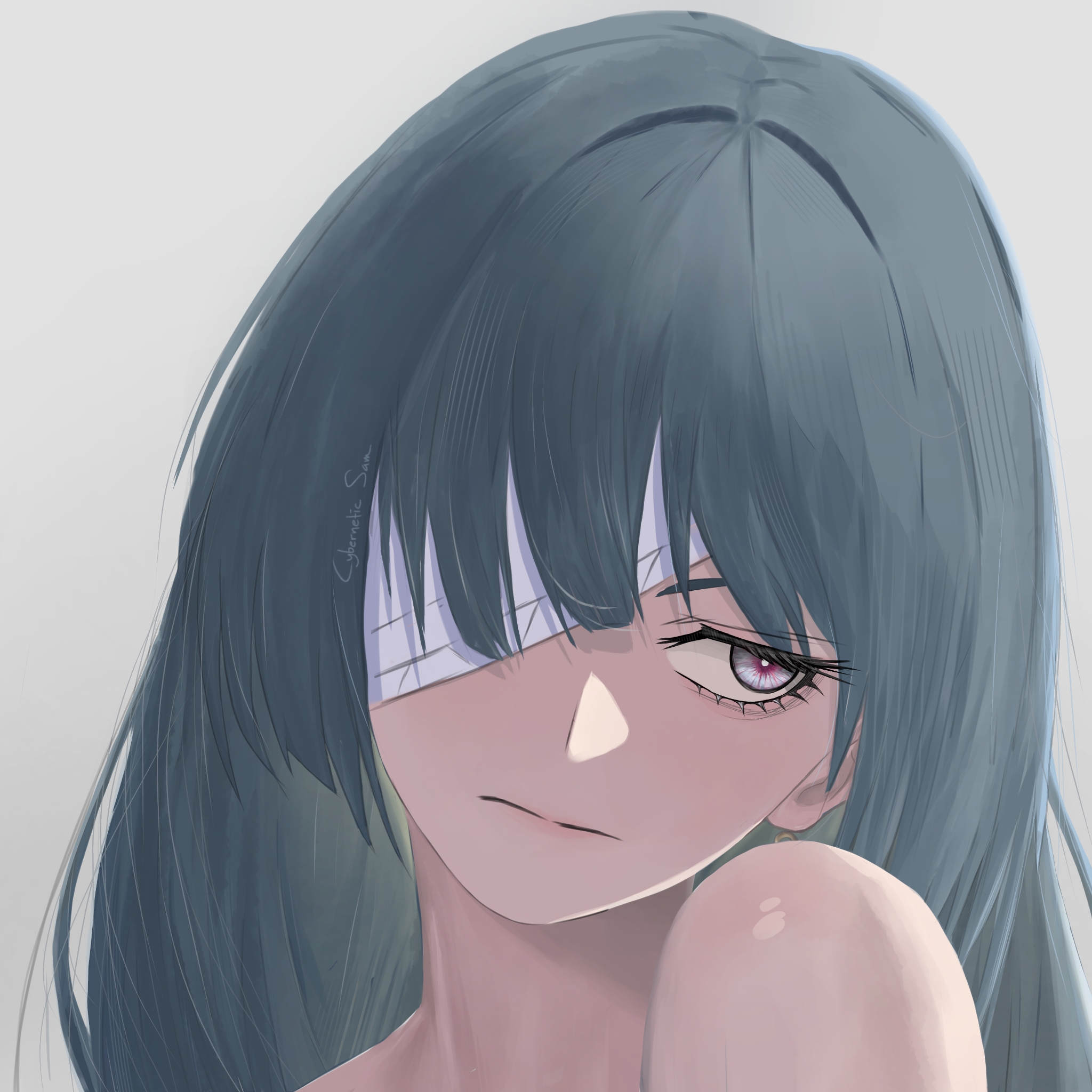 cybernetic sam, phrolova (wuthering waves), wuthering waves, commentary, highres, 1girl, artist name, bandage over one eye, bare shoulders, bright pupils, closed mouth, grey background, grey hair, long hair, looking to the side, portrait, solo, white eyes, white pupils