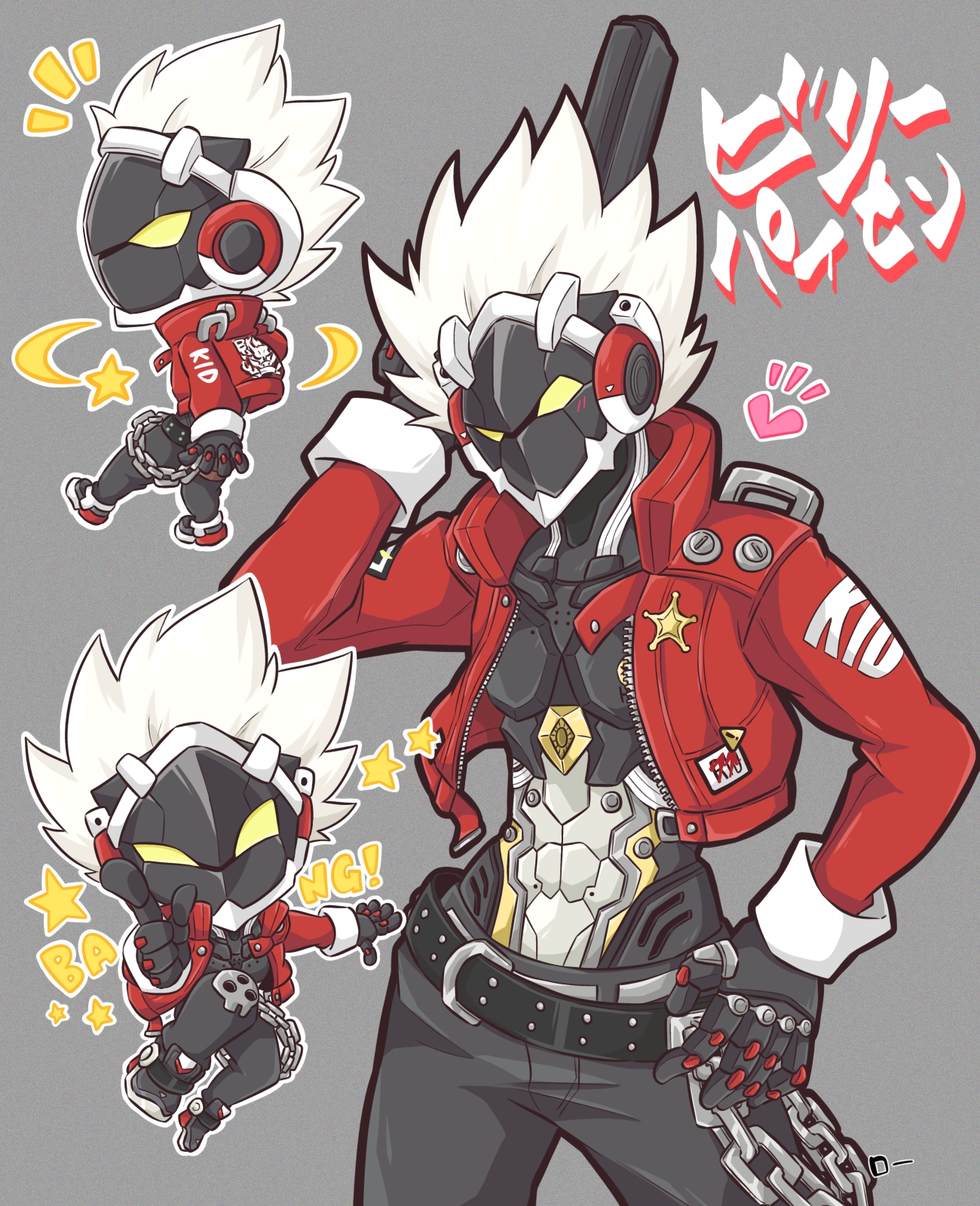 atusix, billy kid, zenless zone zero, highres, 1boy, belt, black belt, black gloves, black mask, black pants, chibi, chibi inset, cropped jacket, dual wielding, gloves, gun, hand on own hip, holding, holding gun, holding weapon, jacket, looking at viewer, mask, mouth mask, pants, red jacket, solo, spiked hair, weapon, white hair