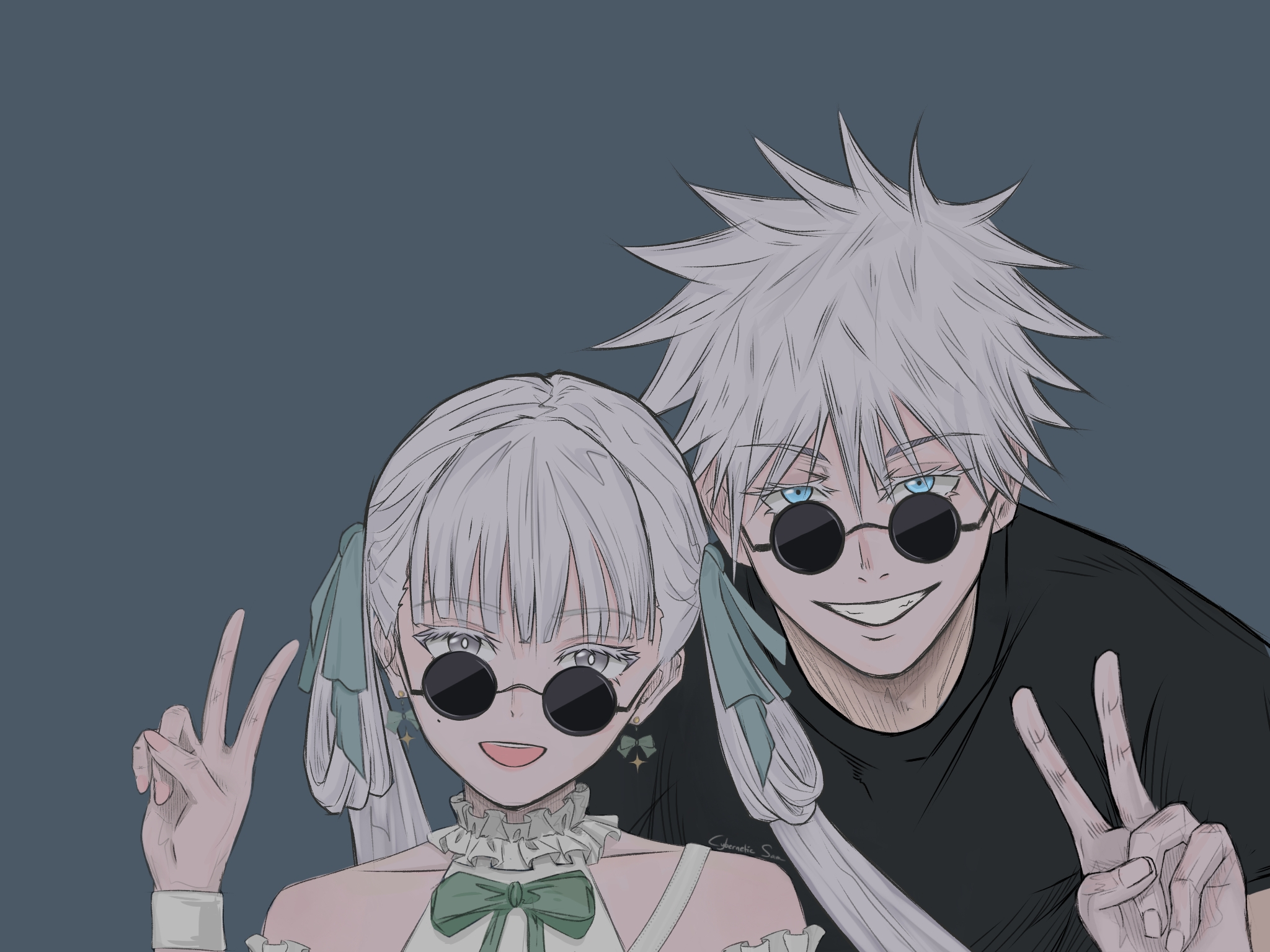 cybernetic sam, gojou satoru, jinhsi (wuthering waves), jujutsu kaisen, wuthering waves, commentary, highres, 1boy, 1girl, bare shoulders, black shirt, blue eyes, bright pupils, colored eyelashes, fingernails, green ribbon, grey background, grin, hair ribbon, hair rings, long hair, looking at viewer, looking over eyewear, mole, mole on cheek, official alternate costume, open mouth, ribbon, round eyewear, shirt, short hair, simple background, smile, sunglasses, v, white eyelashes, white eyes, white hair, white pupils
