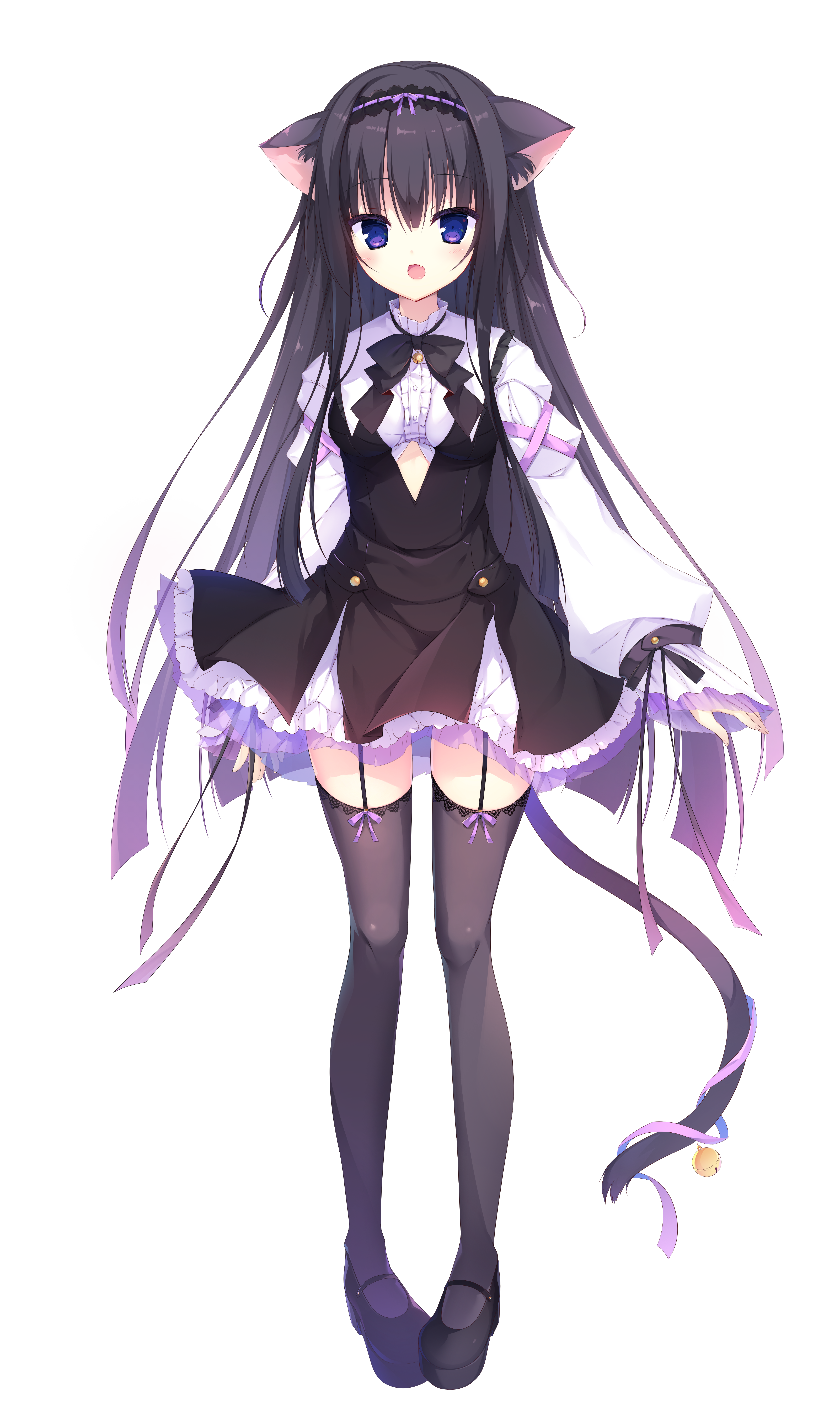 muku (apupop), absurdres, highres, official art, 1girl, animal ear fluff, animal ears, bell, black hair, black hairband, black shoes, black tank top, blush, breasts, cat ears, cat girl, cat tail, fang, fujisaki mia, full body, garter straps, gradient hair, hairband, juliet sleeves, long hair, long sleeves, looking at viewer, multicolored hair, open mouth, puffy sleeves, purple eyes, purple hair, shoes, simple background, sleeves past wrists, solo, standing, tachi-e, tail, tank top, tongue, transparent background, vcarat, very long hair, virtual youtuber
