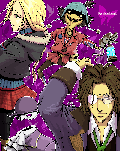 asato (artist), belgae, ellen (folkssoul), keats, scarecrow (folkssoul), folkssoul, lowres, blonde hair, brown hair, glasses, oekaki, scarecrow