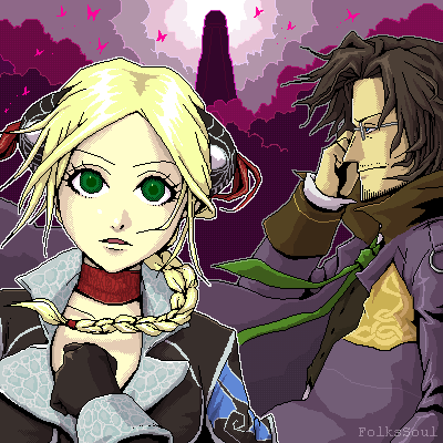 asato (artist), ellen (folkssoul), keats, folkssoul, lowres, blonde hair, brown hair, glasses, green eyes, oekaki