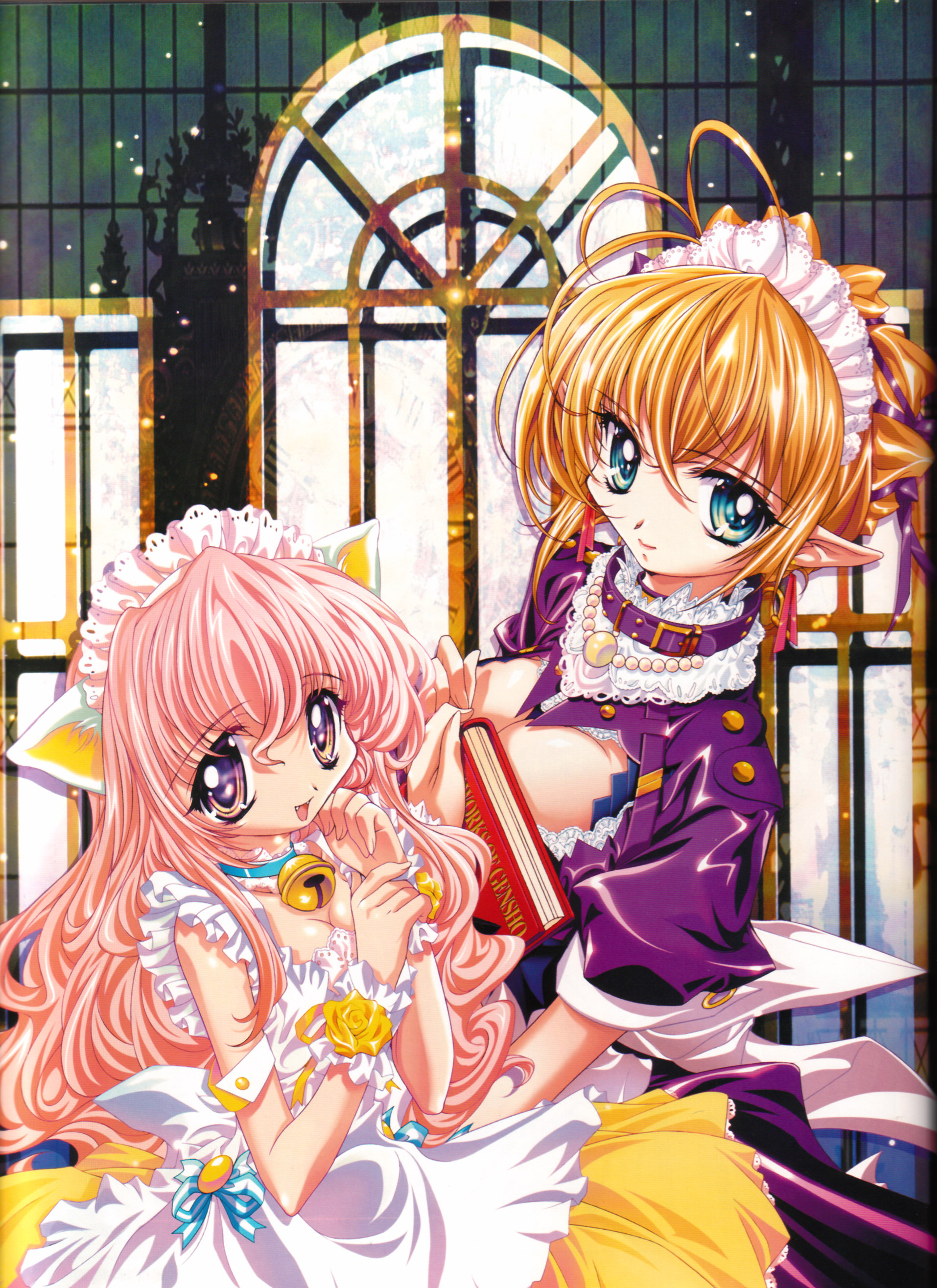 sugiyama genshou, absurdres, highres, animal ears, bell, blonde hair, cat ears, collar, elf, fang, long hair, maid, pink hair, pointy ears, short hair