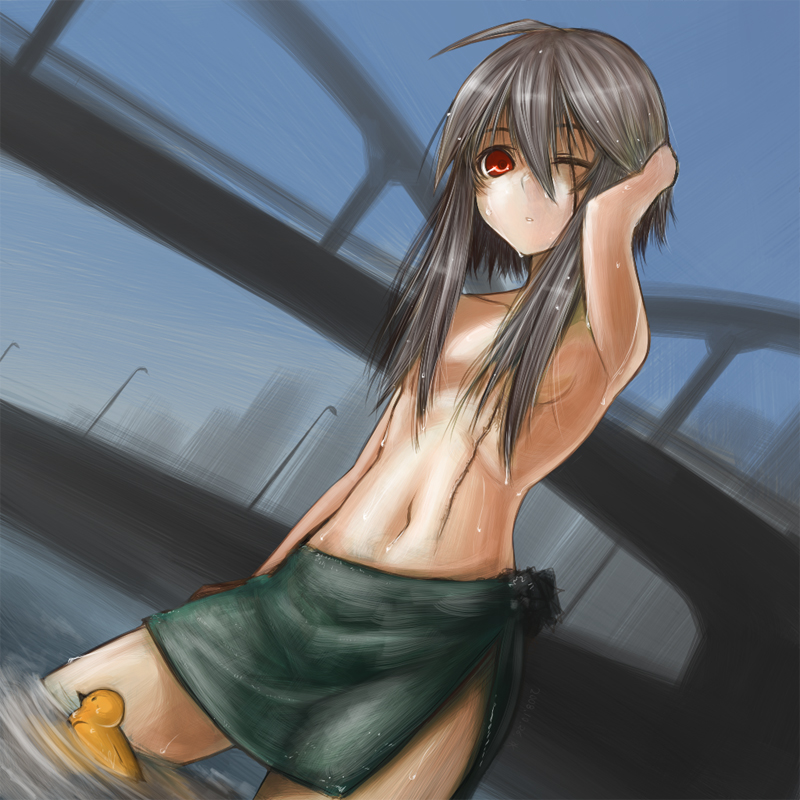 kotoba noriaki, hinomaru (kotoba), original, silver hair, 1girl, ahoge, arm up, bridge, dutch angle, female focus, hair censor, hair over breasts, long hair, missing eye, nichi no maru, one-eyed, red eyes, rubber duck, scar, scar across eye, scar on face, skirt, solo, topless female, wading, water, wet